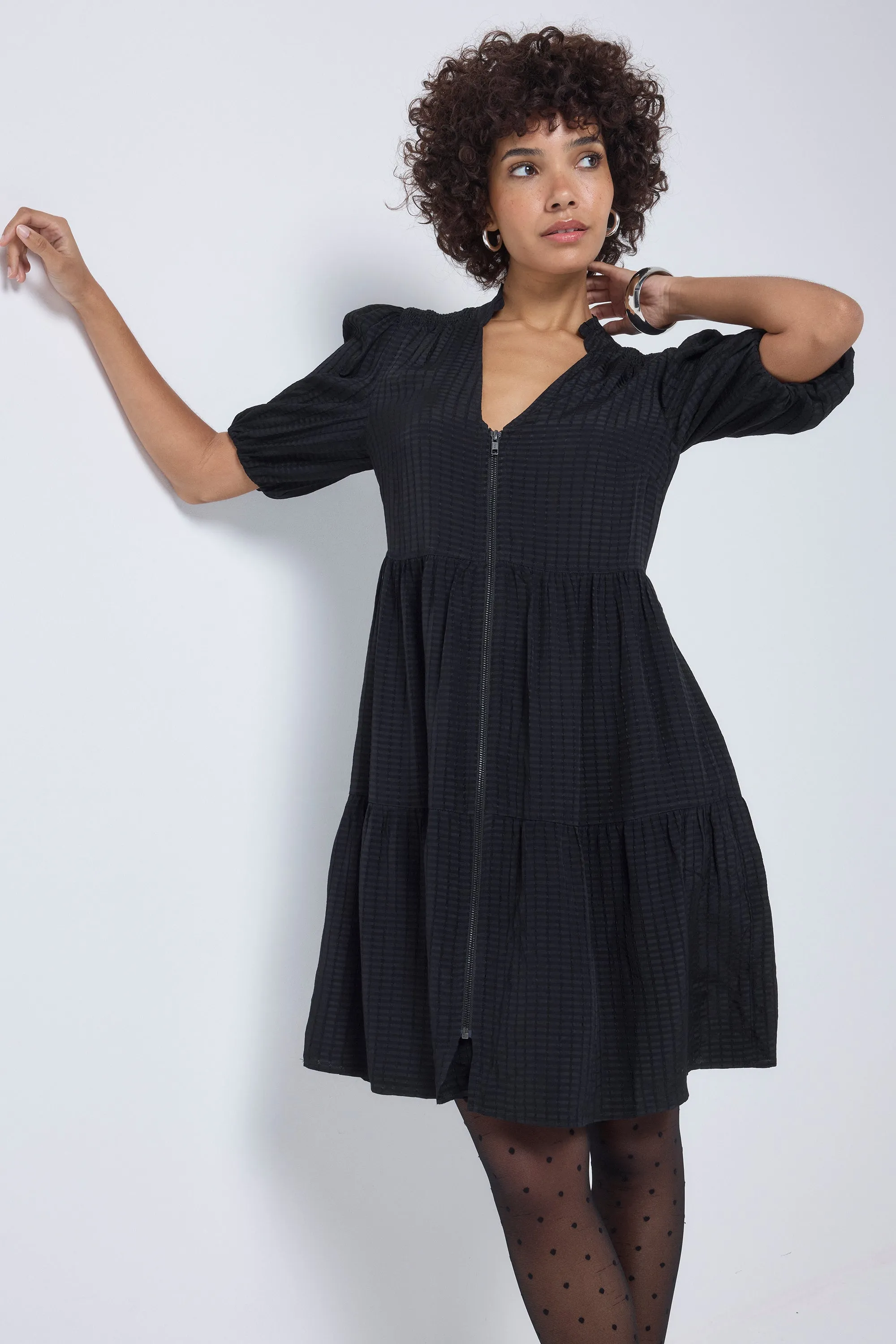 Luxe Touch Black Textured Zip Detail Tiered Short Dress