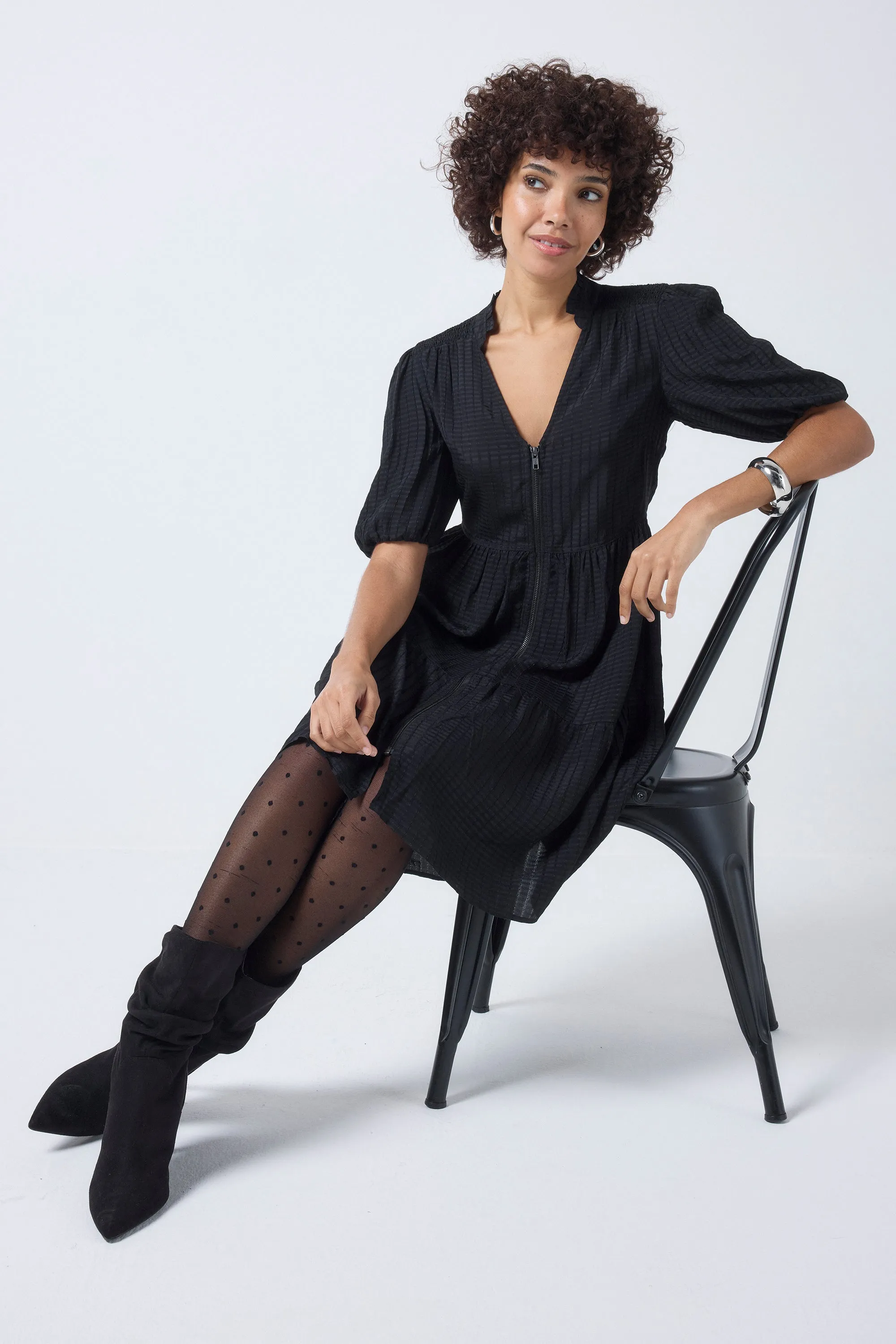 Black Textured Zip Detail Tiered Short Dress Balanced feel Luxe Comfort