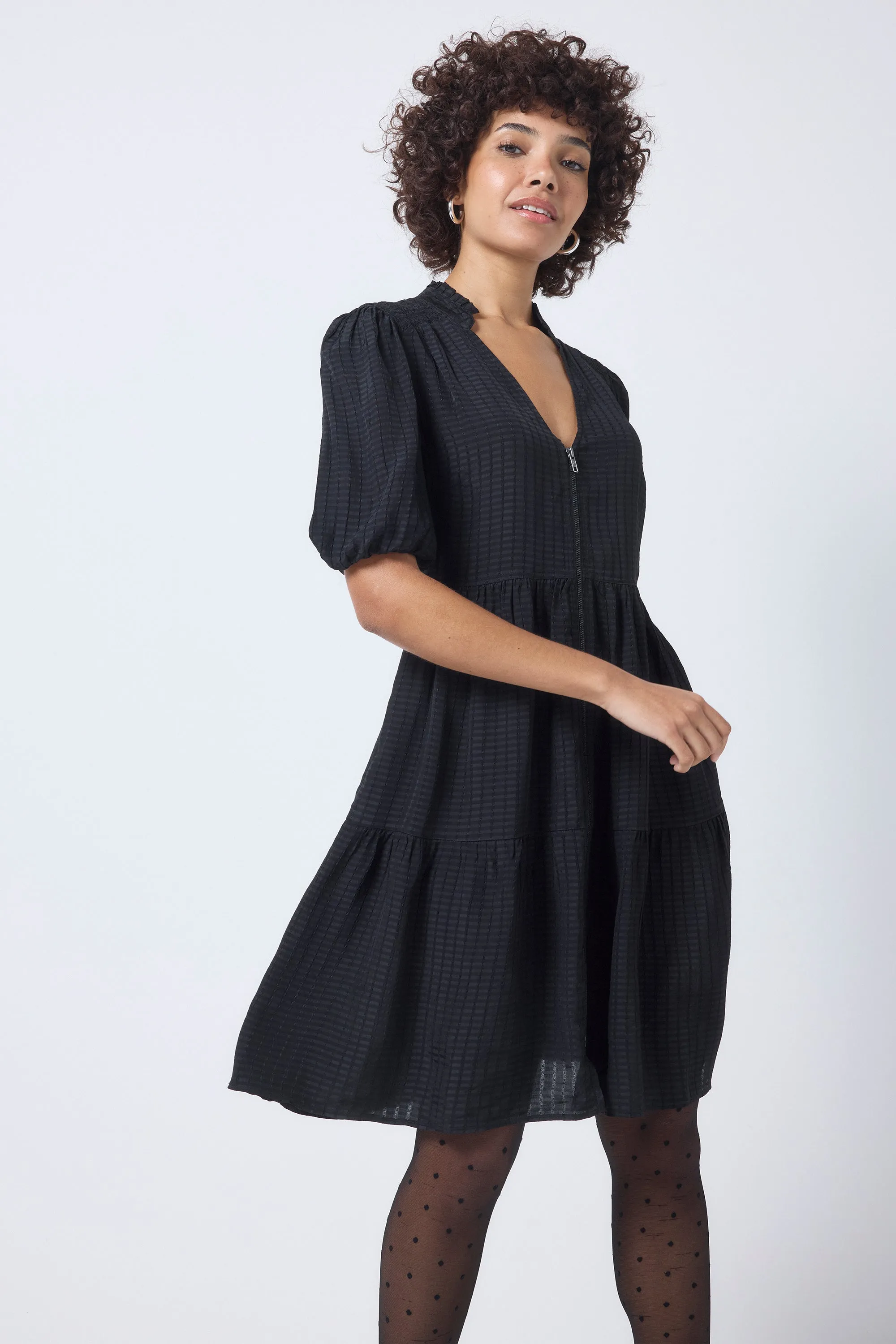 Black Textured Zip Detail Tiered Short Dress Timeless Shape Trendy Look
