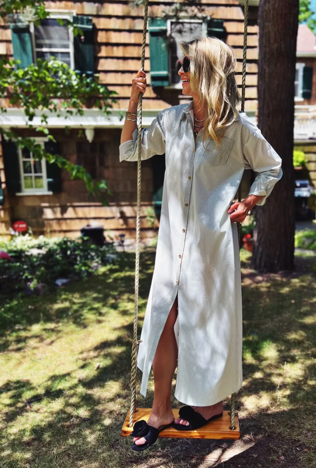 Fresh Fit Midi Boyfriend Shirtdress - Olive Stripe