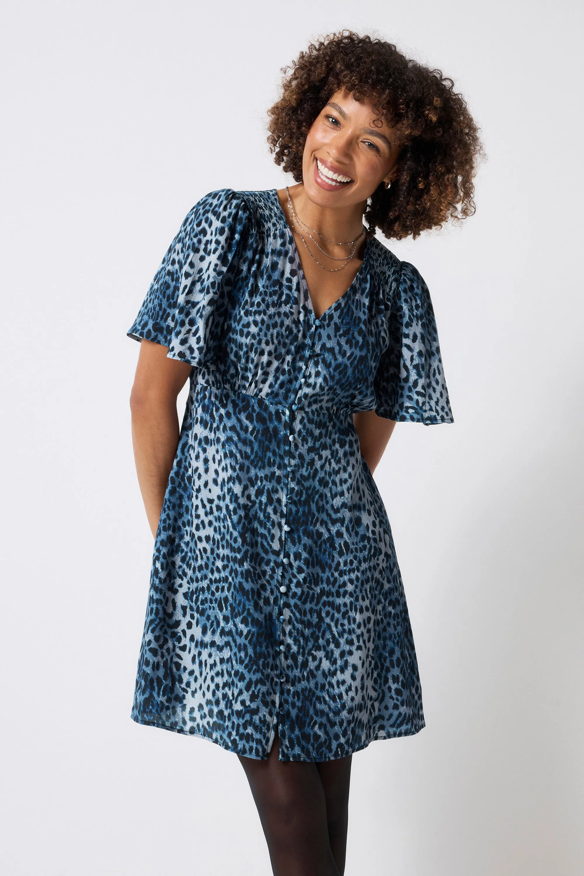 Navy Cheetah Angel Sleeve Short Tea Dress warm tones