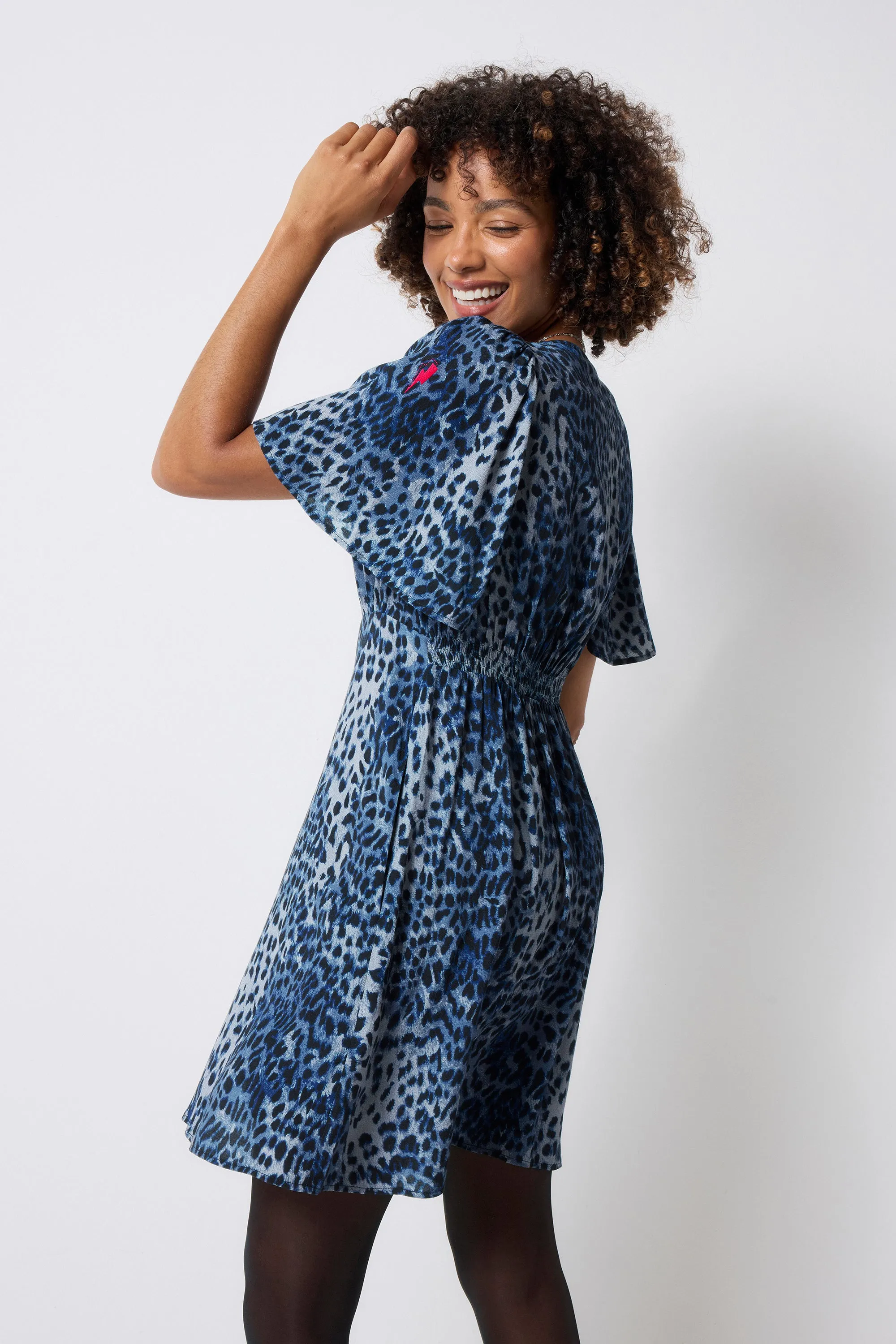 Navy Cheetah Angel Sleeve Short Tea Dress Birthday-Celebration