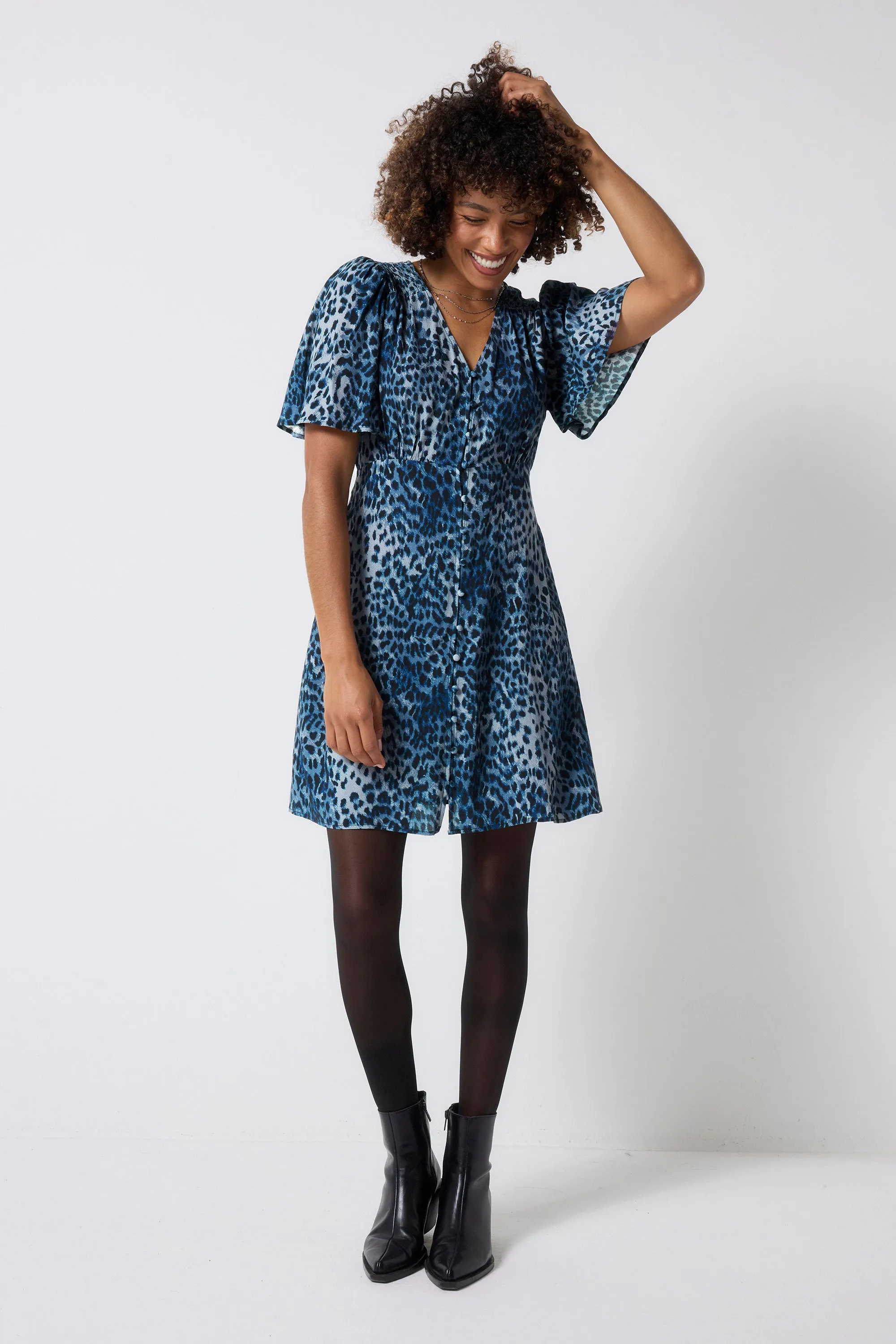 Navy Cheetah Angel Sleeve Short Tea Dress Effortless Touch Light Rhythm