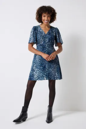 Adjustable-Straps Navy Cheetah Angel Sleeve Short Tea Dress