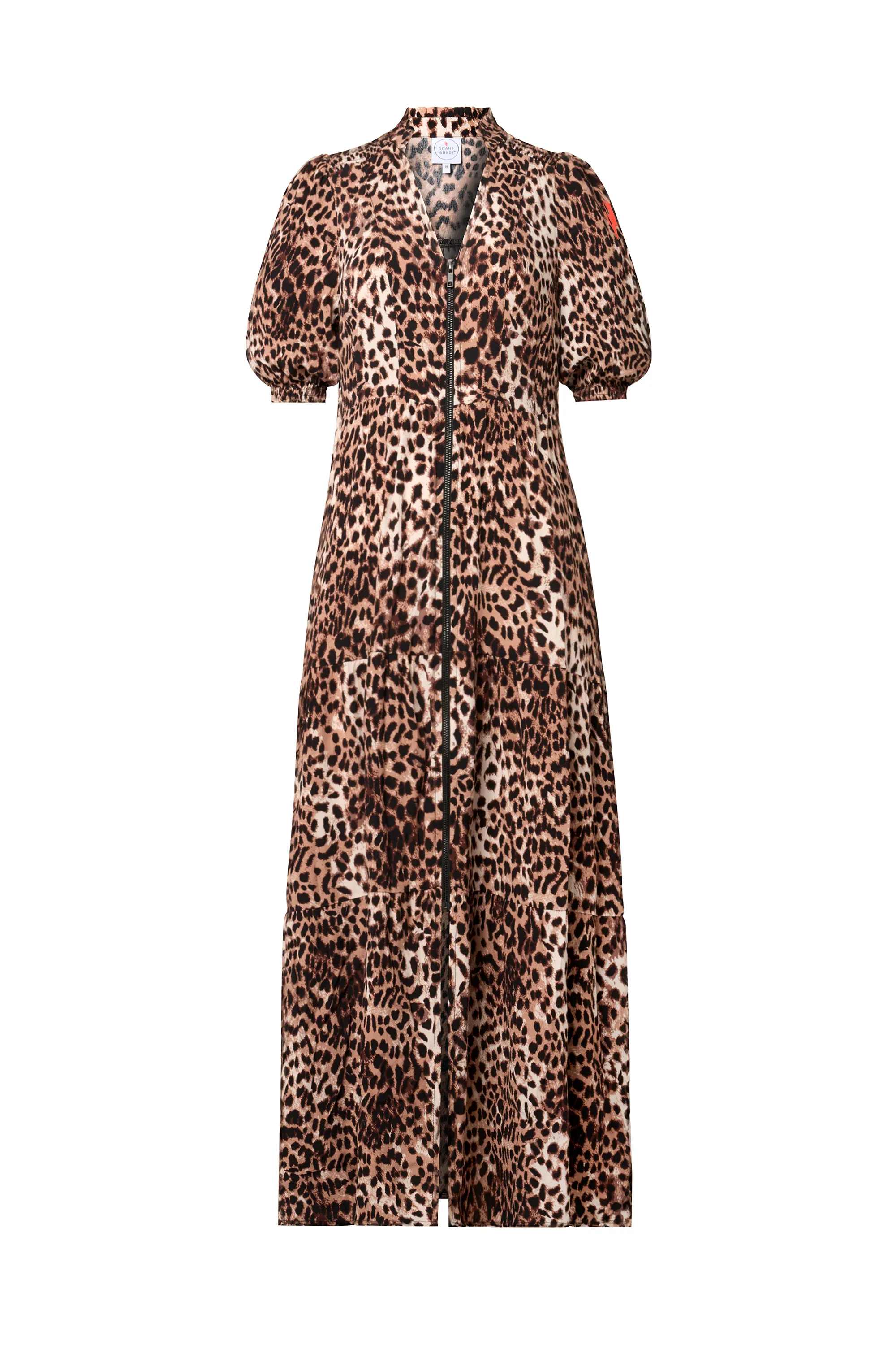 Neutral with Black Cheetah Zip Detail Tiered Midi Dress Fresh Look