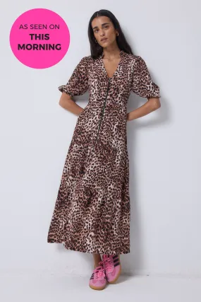 Neutral with Black Cheetah Zip Detail Tiered Midi Dress City Style Travel-Style