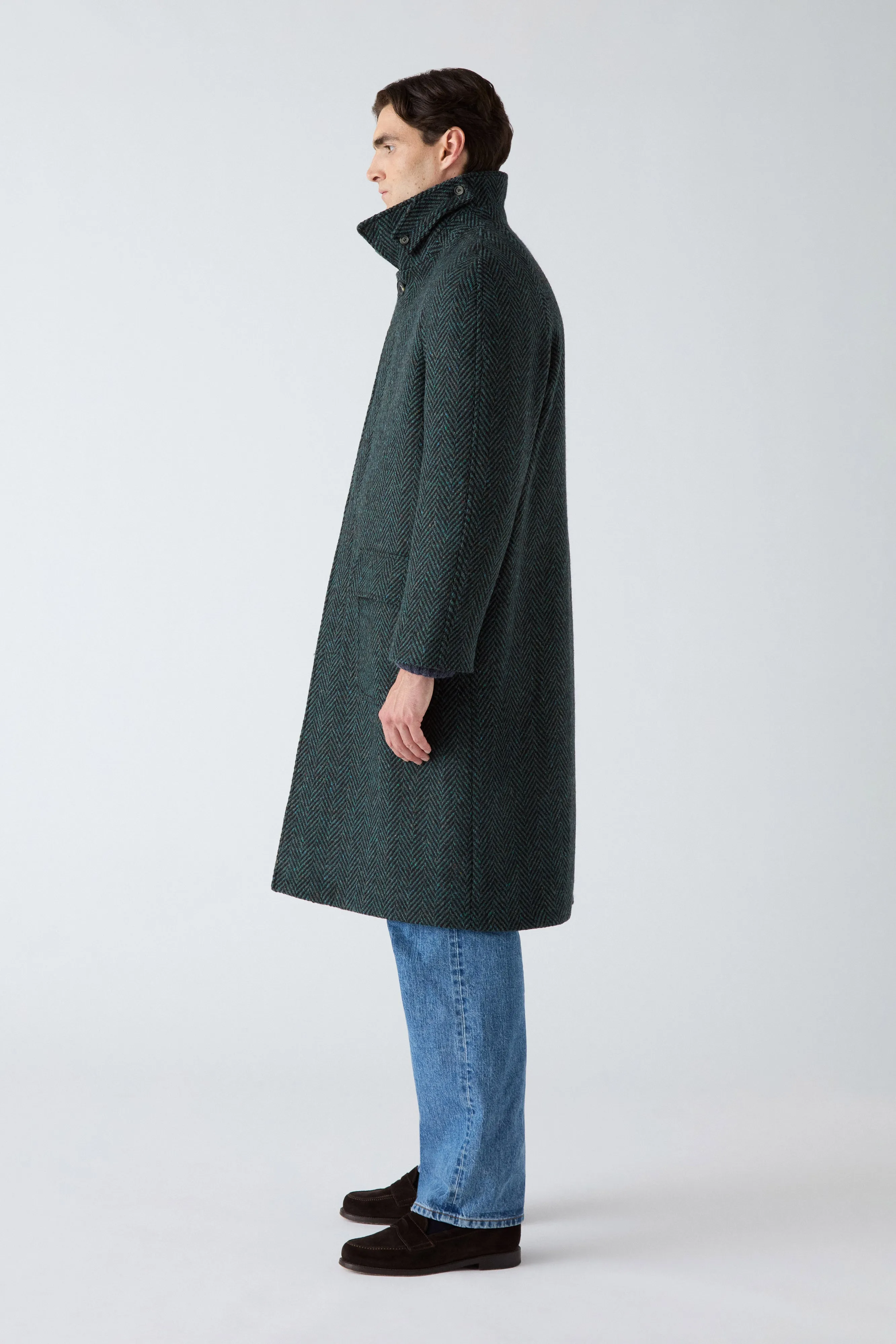 Rubberized Trims Slim Tailored Nelson Tweed Raglan Coat - Blue