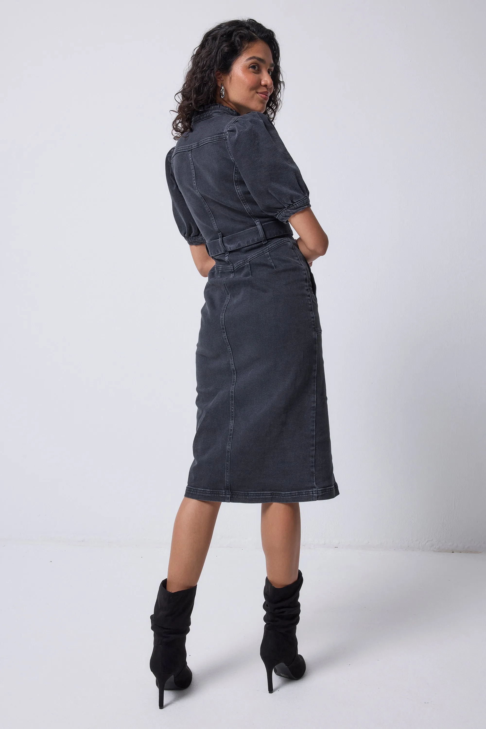 Floral Swing Chic Tailoring Washed Black Zip Detail Denim Dress