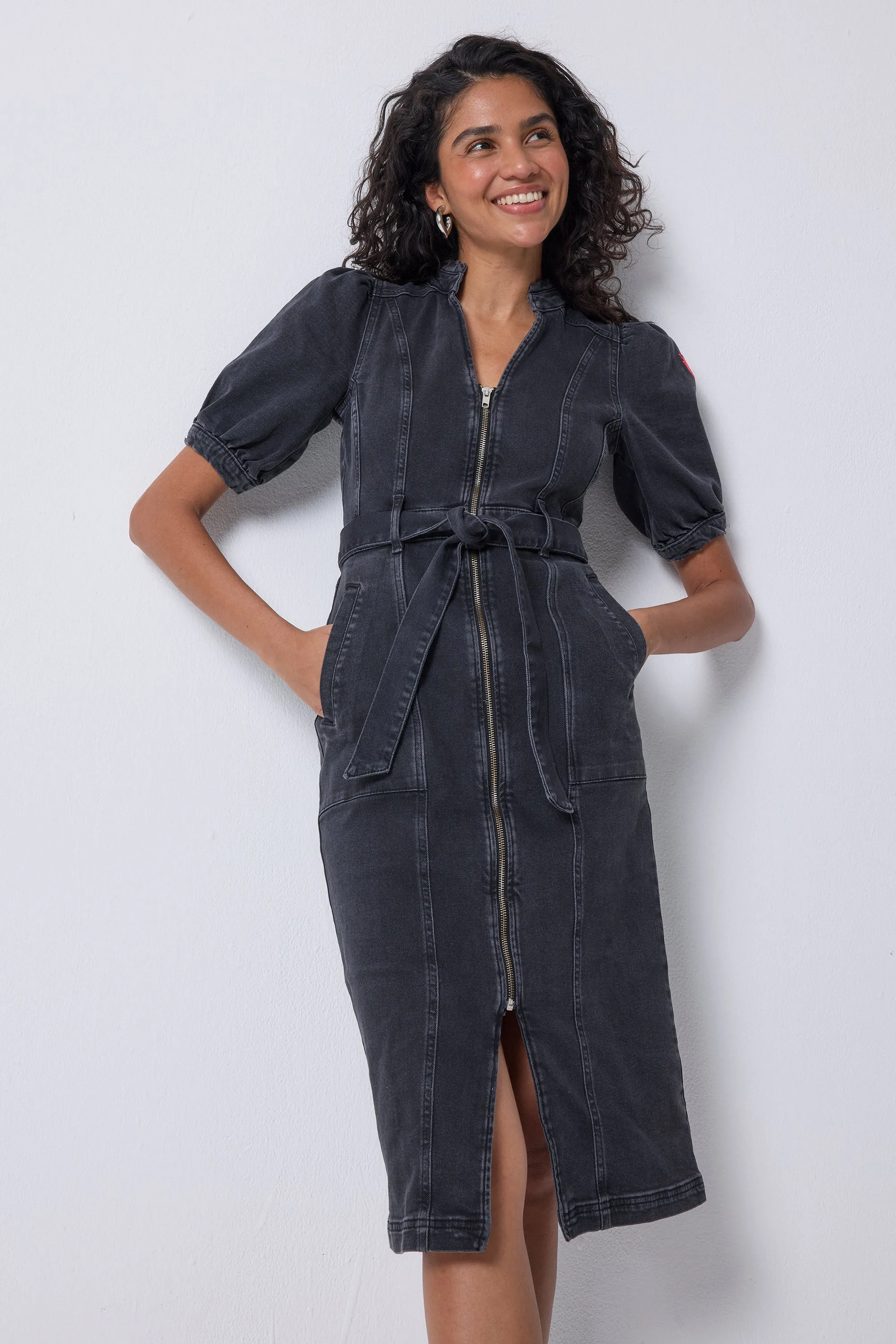 Washed Black Zip Detail Denim Dress Light Base