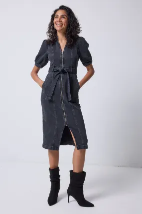 Washed Black Zip Detail Denim Dress All-Season Comfort Chic Fit Wear