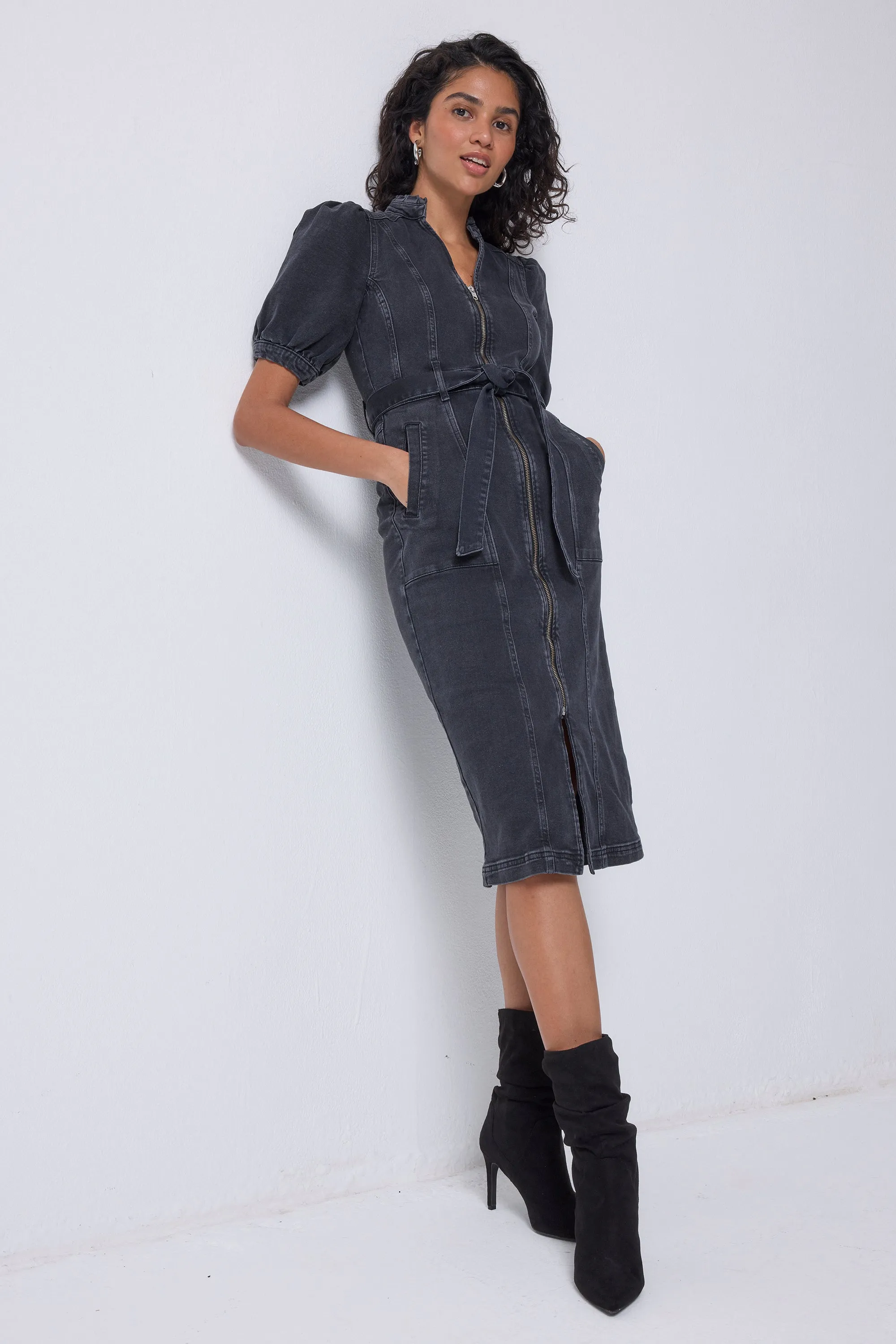 Washed Black Zip Detail Denim Dress Casual Essential