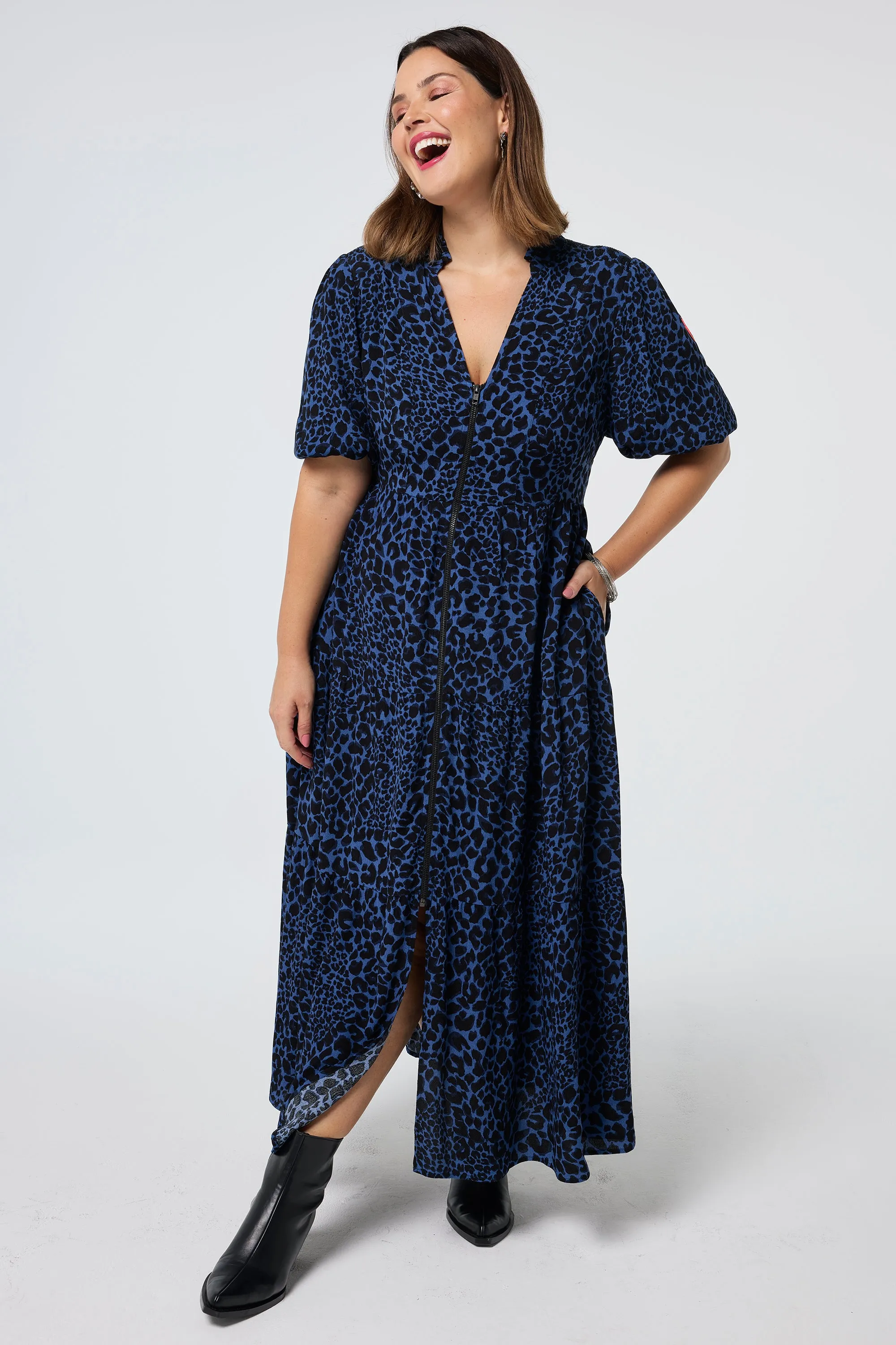 Navy with Black Rock and Roll Zip Detail Tiered Midi Dress Side-Pocket
