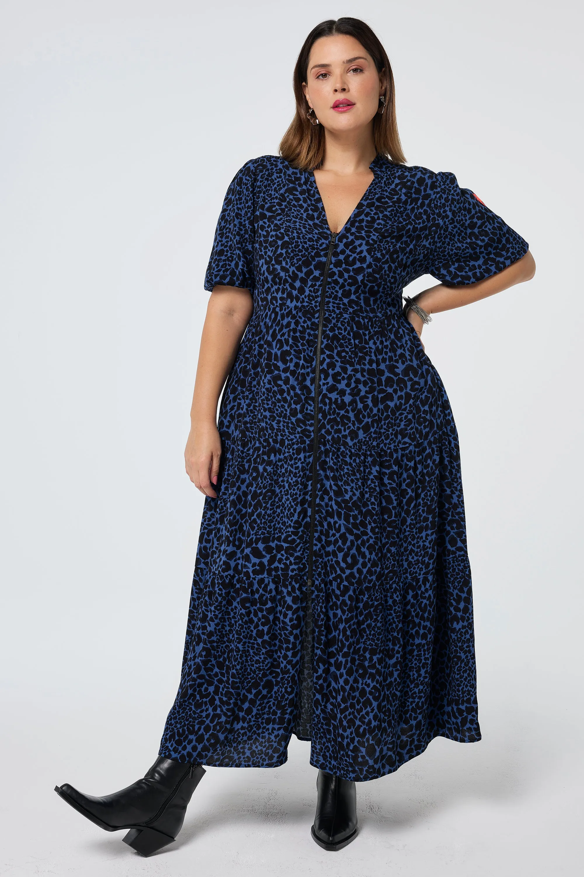 Navy with Black Rock and Roll Zip Detail Tiered Midi Dress Playful Cut Fresh Color