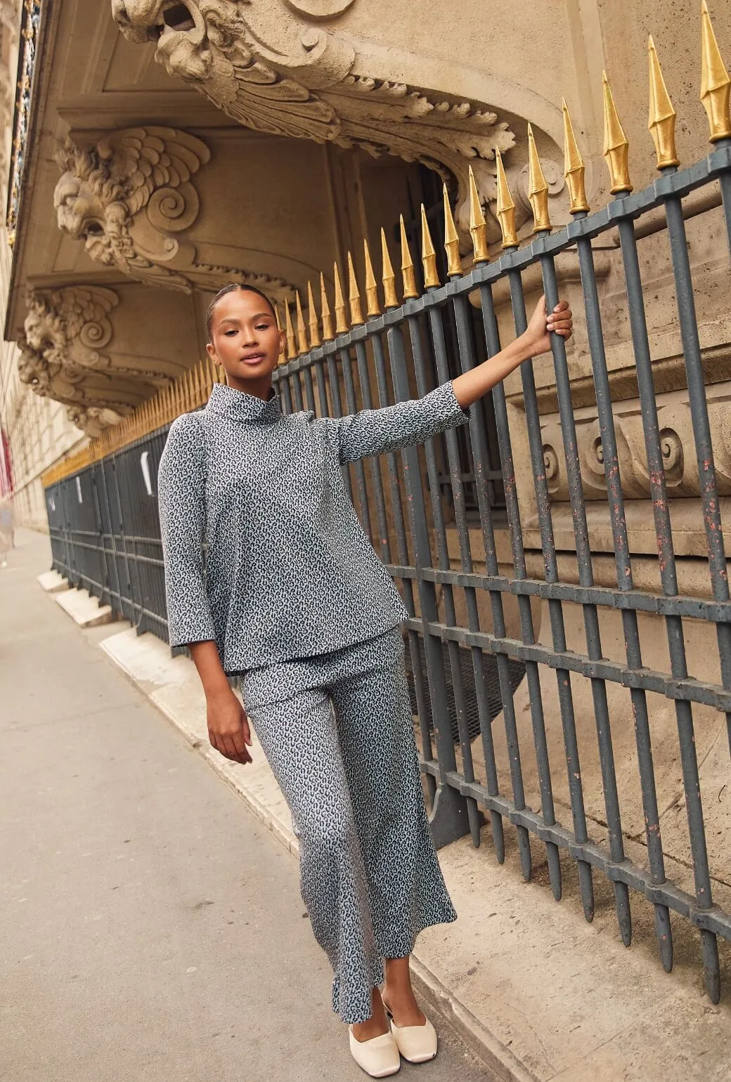 Wide Leg Knit Trouser - Blue & Brown Cheetah Knit DoubleLayeredKnees Decorative stitching