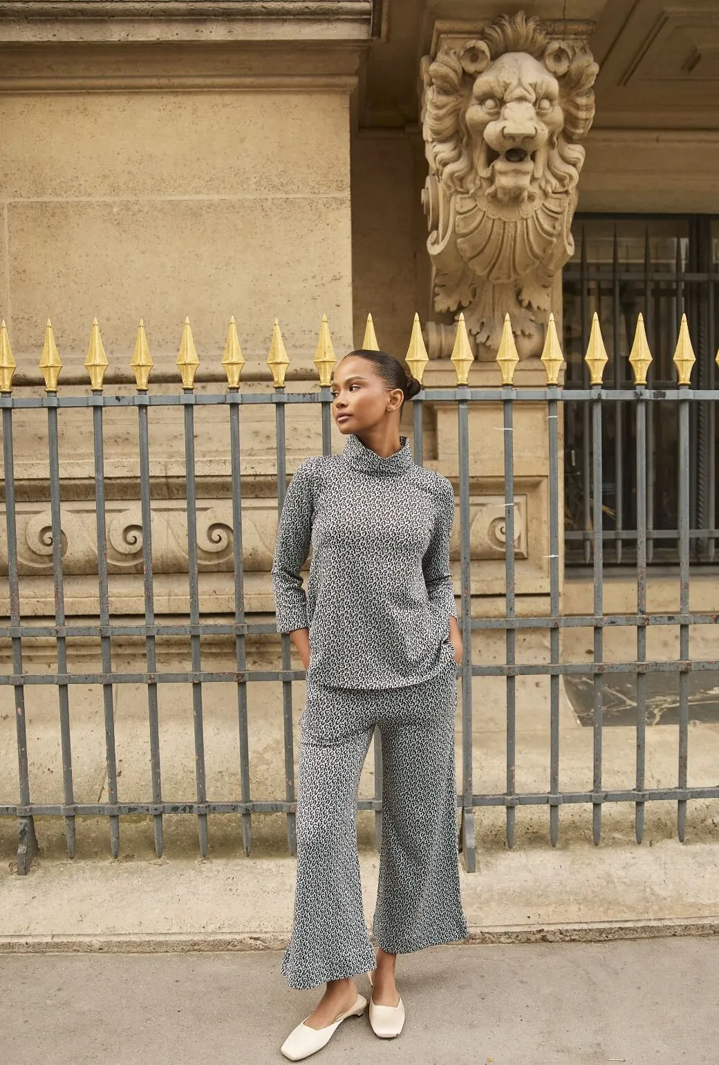 Wide Leg Knit Trouser - Blue & Brown Cheetah Knit Seamless Waist Technology Non-Binding Fit