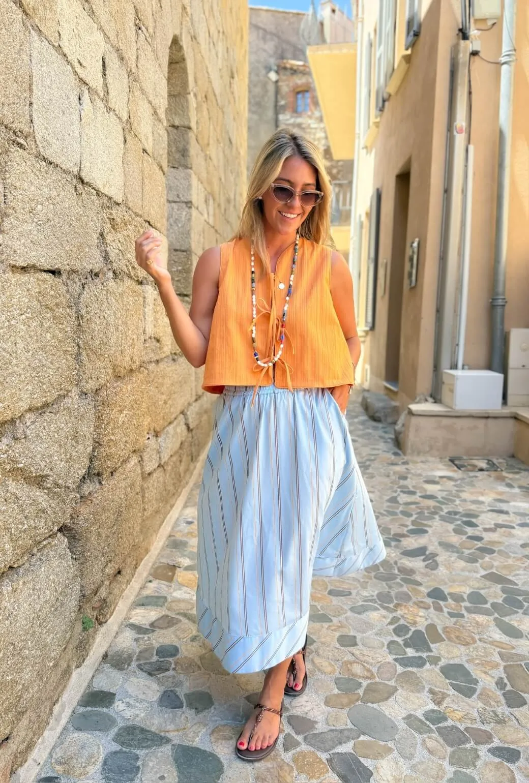 Windproof Design All Season Wear Buru x Megan Stokes Everyday MIDI Skirt  - Blue & Brown Stripe