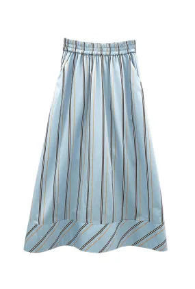 Stretchable Fit Buru x Megan Stokes Everyday MIDI Skirt  - Blue & Brown Stripe
