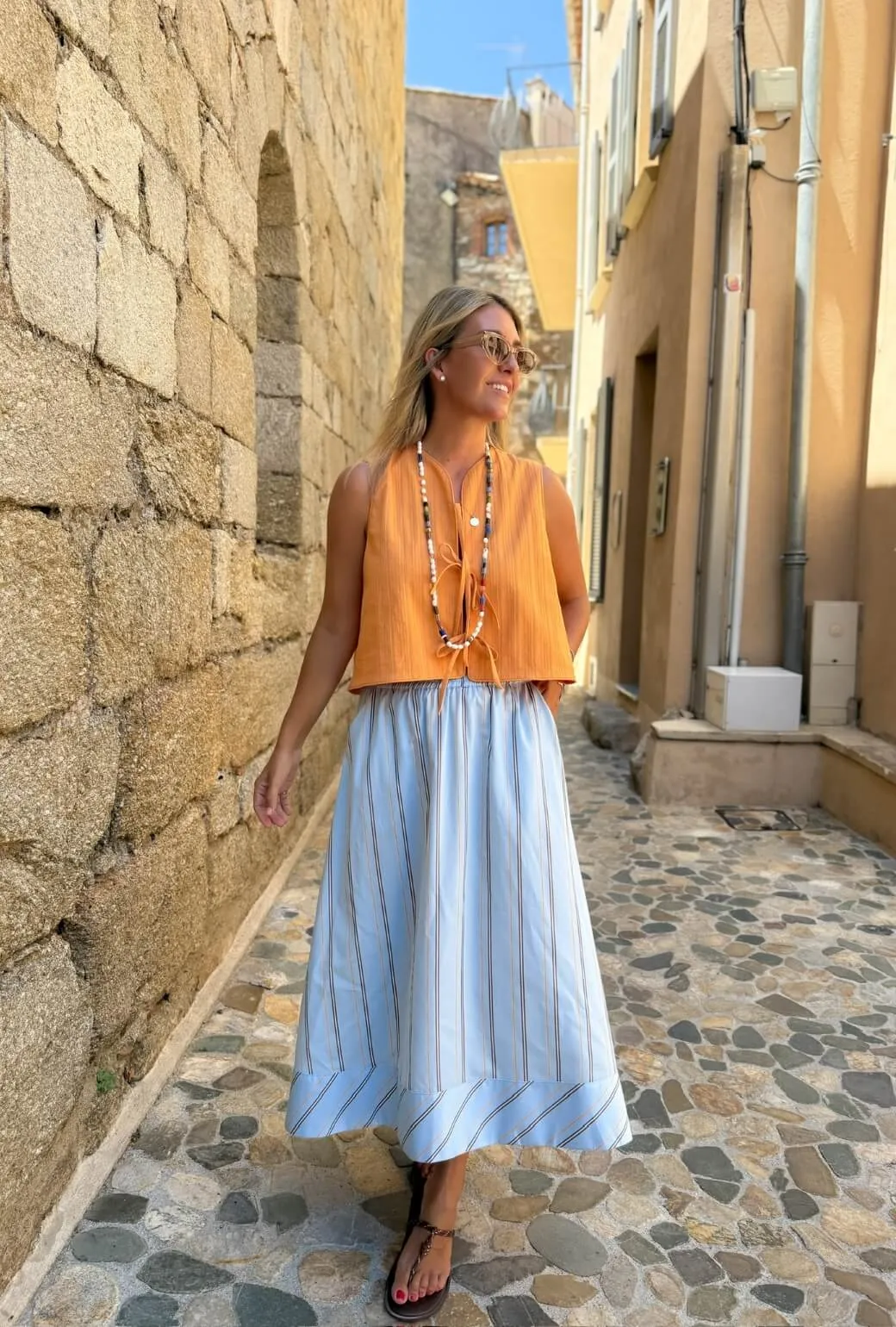Fashionable Waist Flex Fit Buru x Megan Stokes Everyday MIDI Skirt  - Blue & Brown Stripe