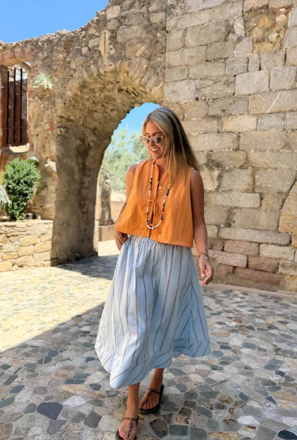 Quick Dry Wear Buru x Megan Stokes Everyday MIDI Skirt  - Blue & Brown Stripe