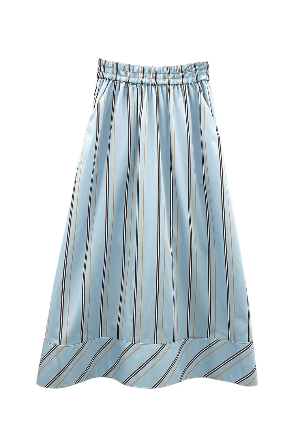 Stretchable Fit Buru x Megan Stokes Everyday MIDI Skirt  - Blue & Brown Stripe