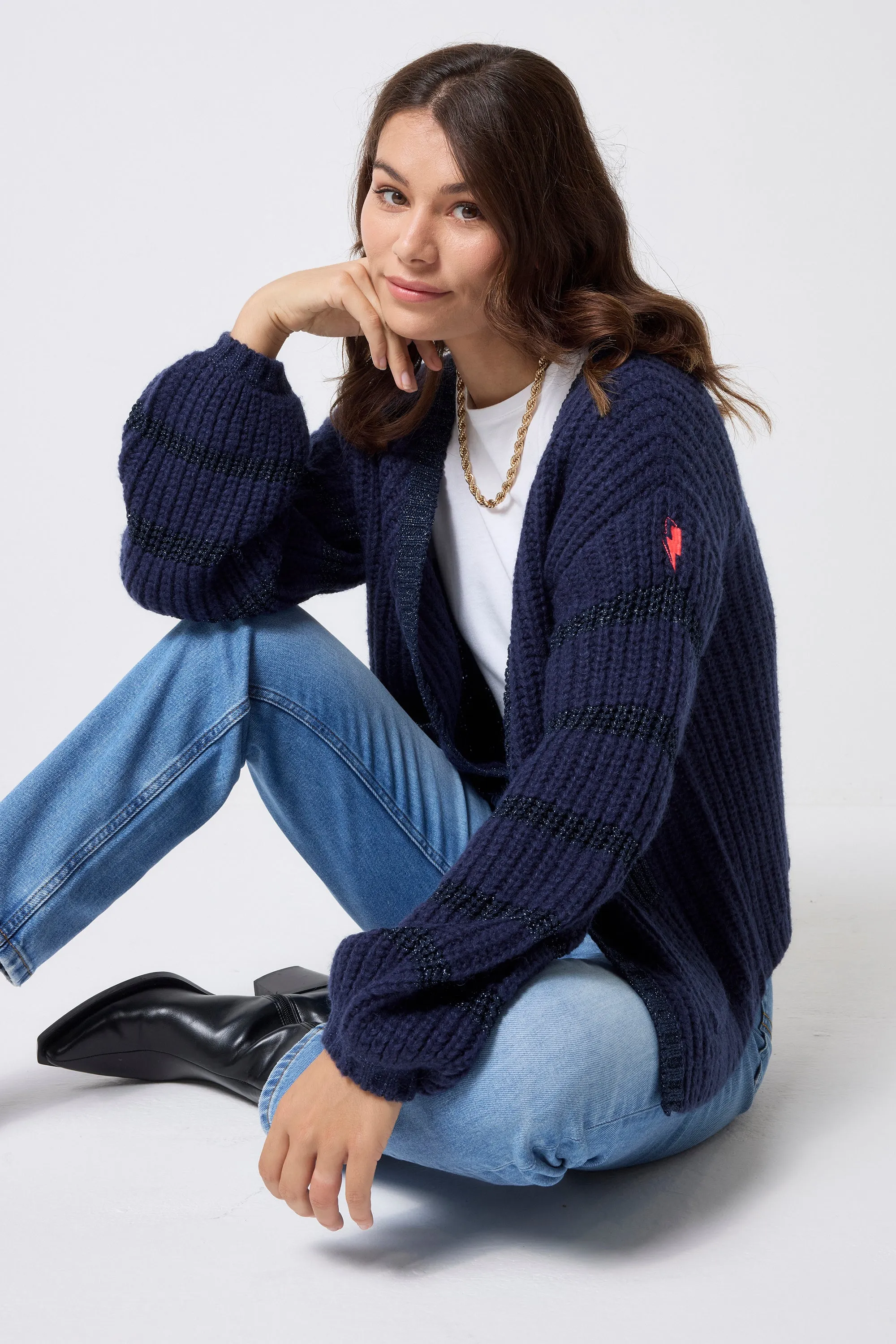 Thermal Insulation Layer Navy Lurex Stripe Edge to Edge Cardigan