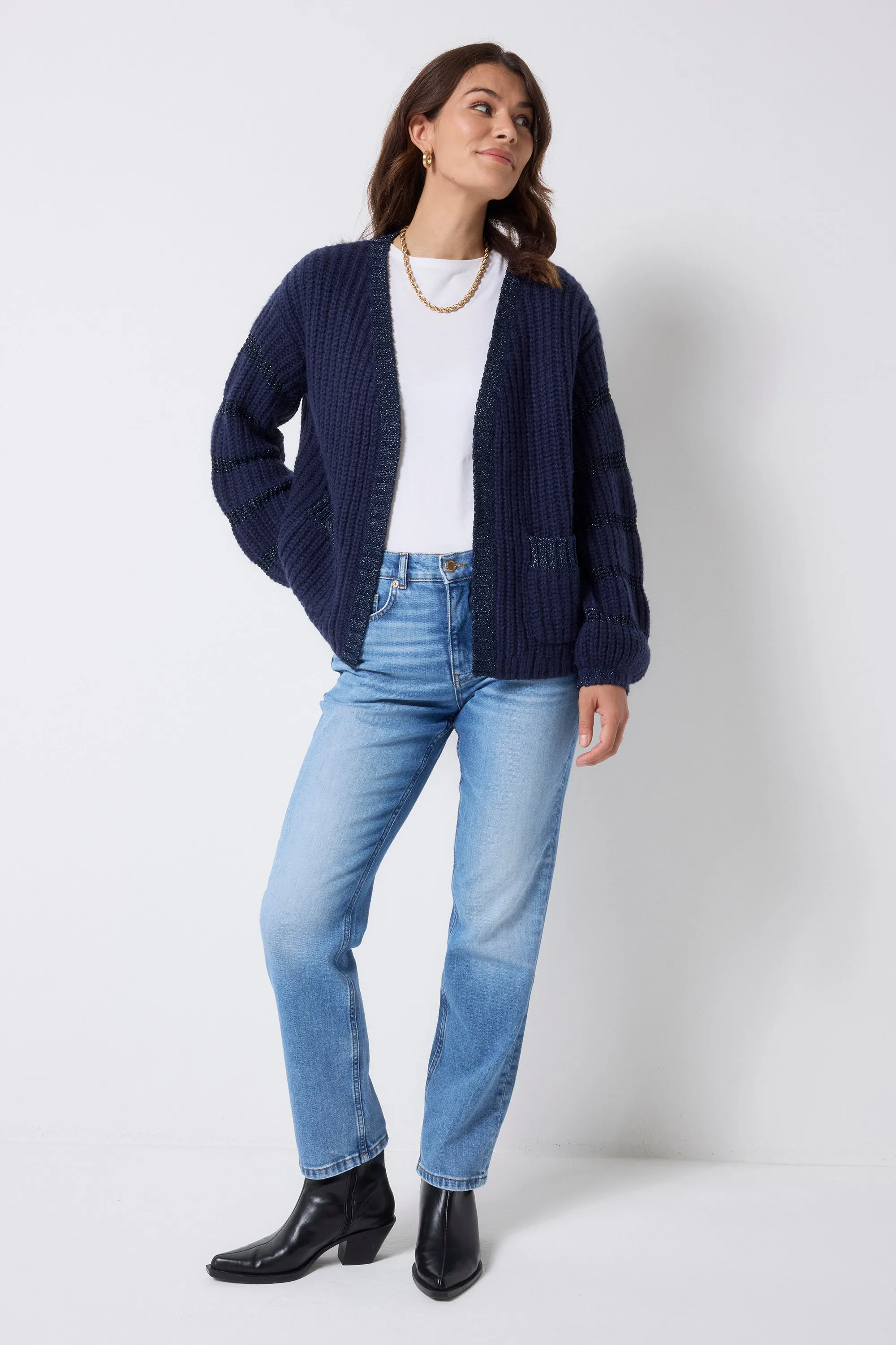 Layered Stitch Details Garment Washed Navy Lurex Stripe Edge to Edge Cardigan