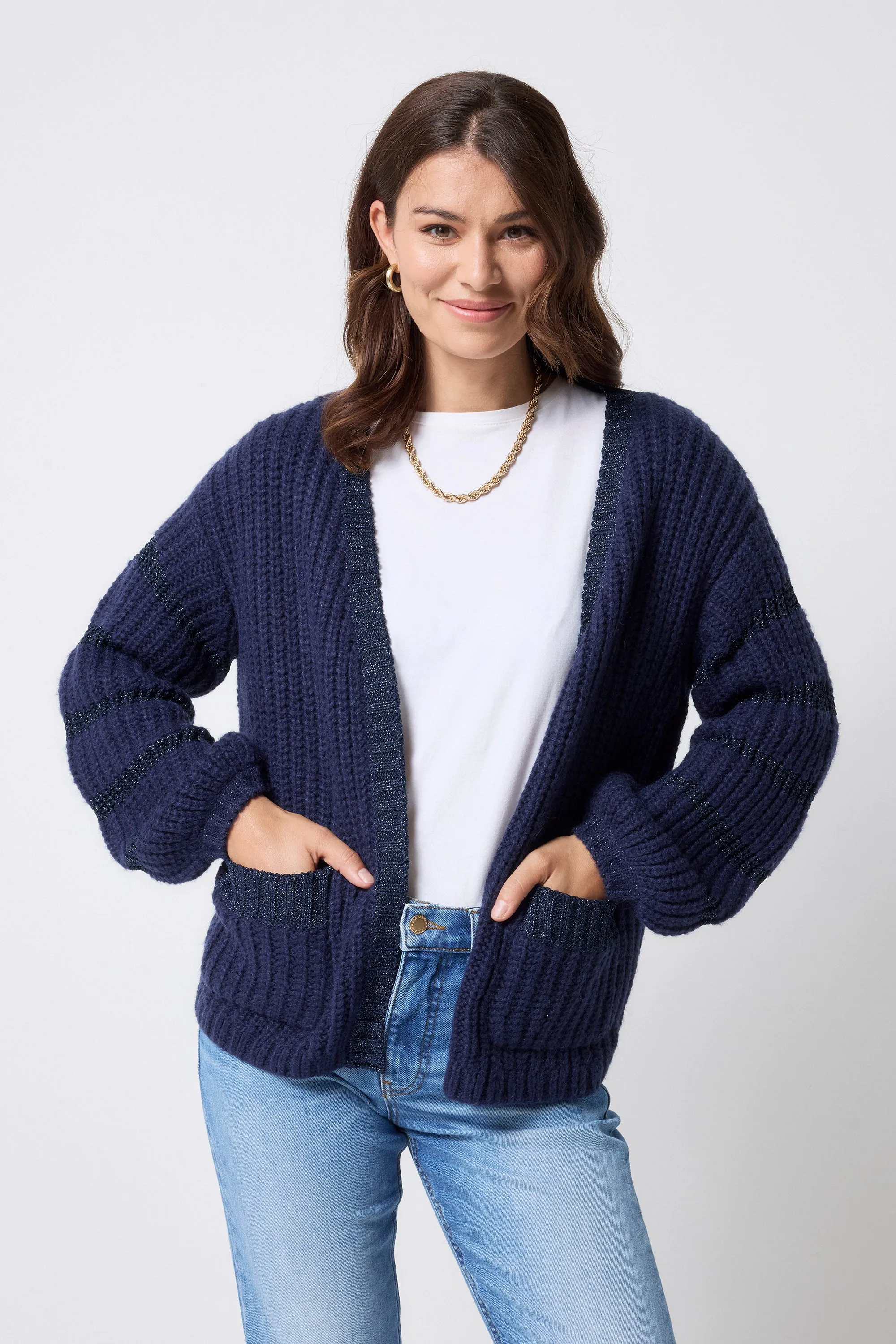 Navy Lurex Stripe Edge to Edge Cardigan Autumn Ready quick dry