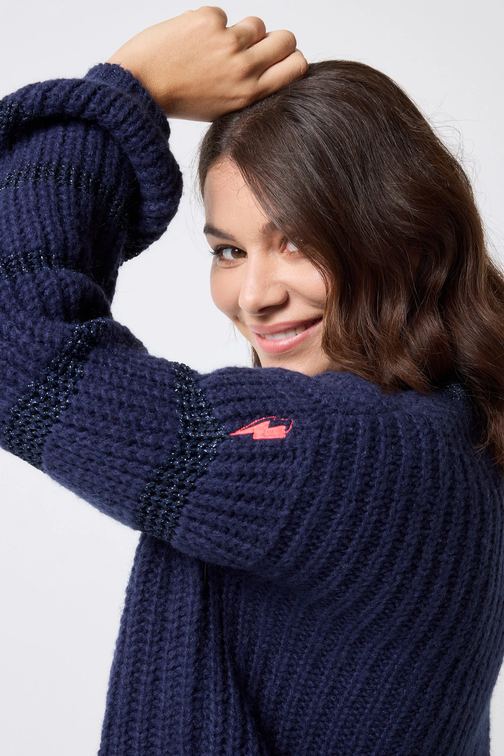 Morning Chill Smooth zipper closure Navy Lurex Stripe Edge to Edge Cardigan