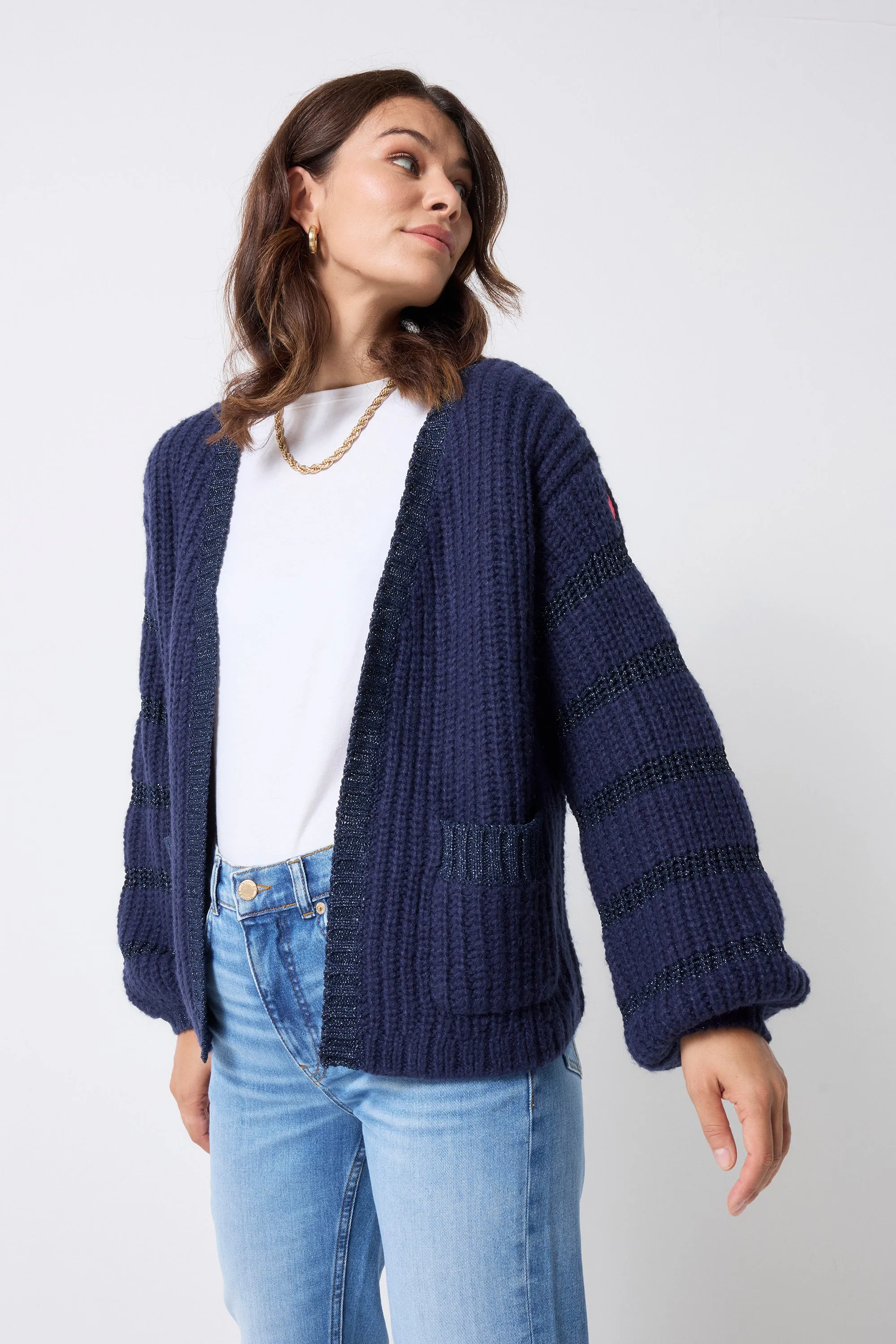 Clean Finish Sweater Pilling Prevention Tips Navy Lurex Stripe Edge to Edge Cardigan