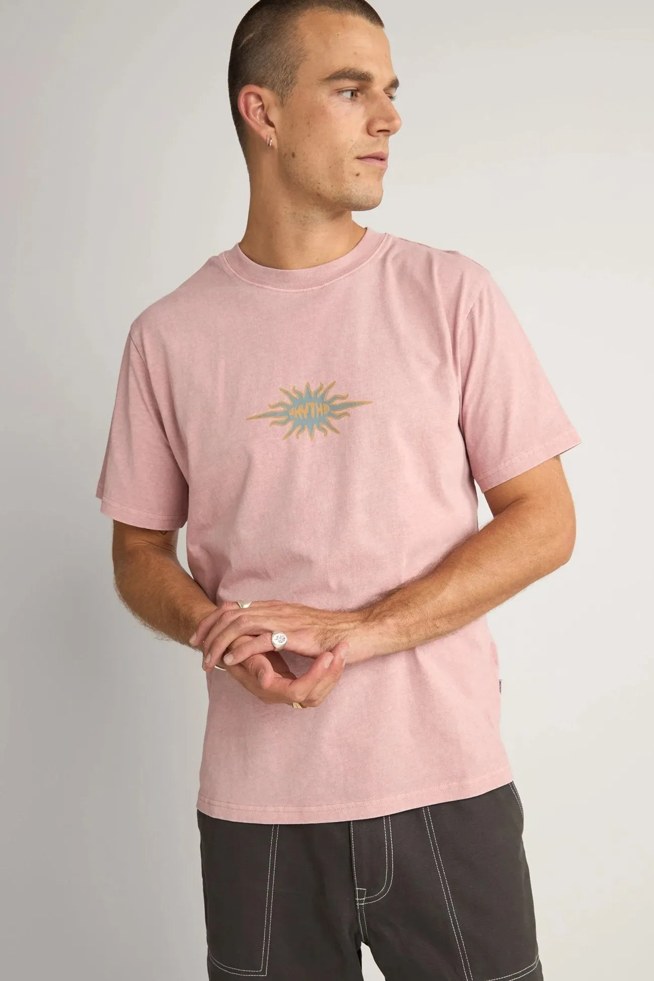 Flame Printed Vintage Short Sleeve T-Shirt Mauve RibbedNeckline