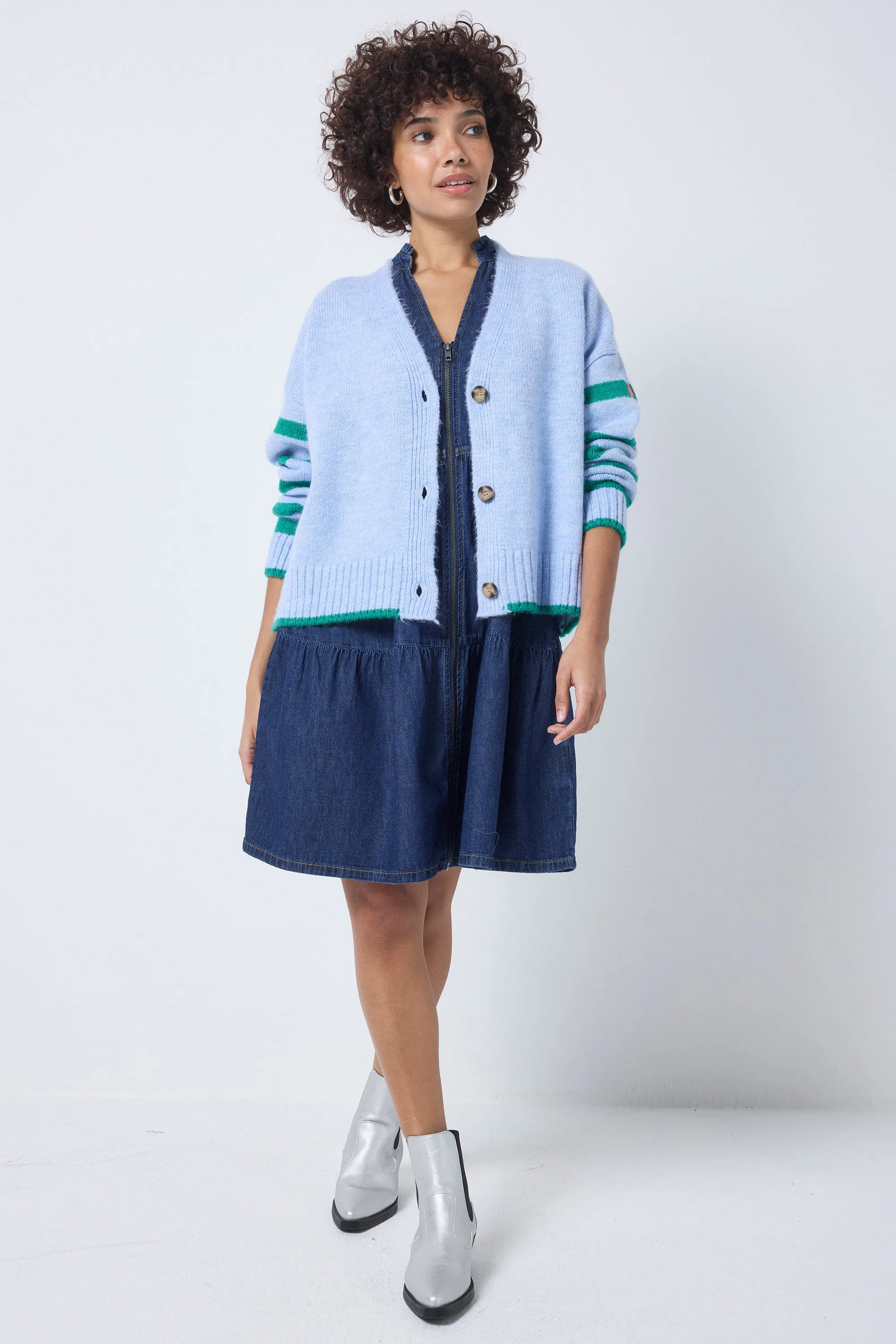 Light Blue and Green Stripe Cardigan Flatlock stitching Friction Resistant Edging