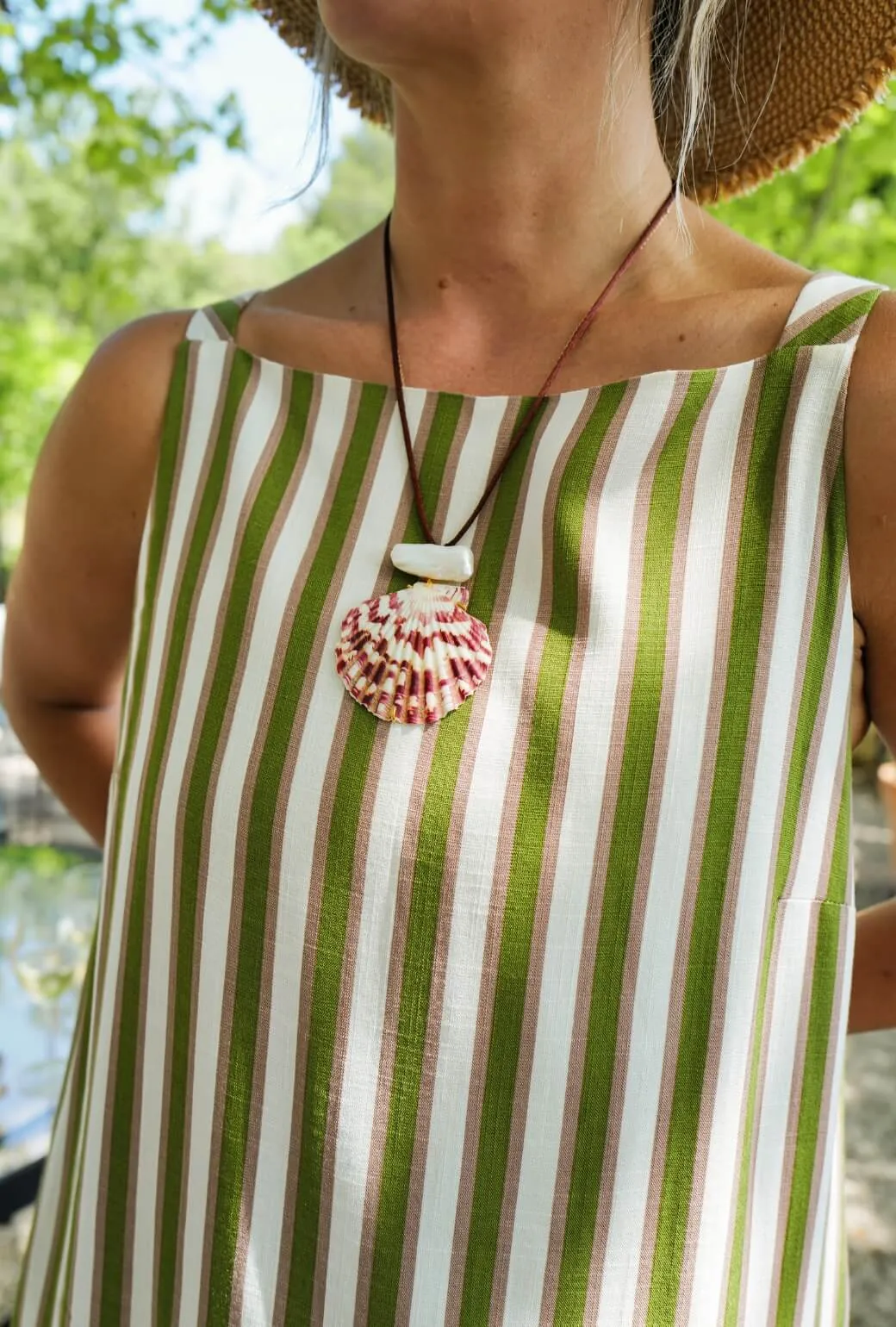 Buru x Megan Stokes The Megan Dress KNEE LENGTH - Green & Brown Stripe Confident Touch Daily Essential