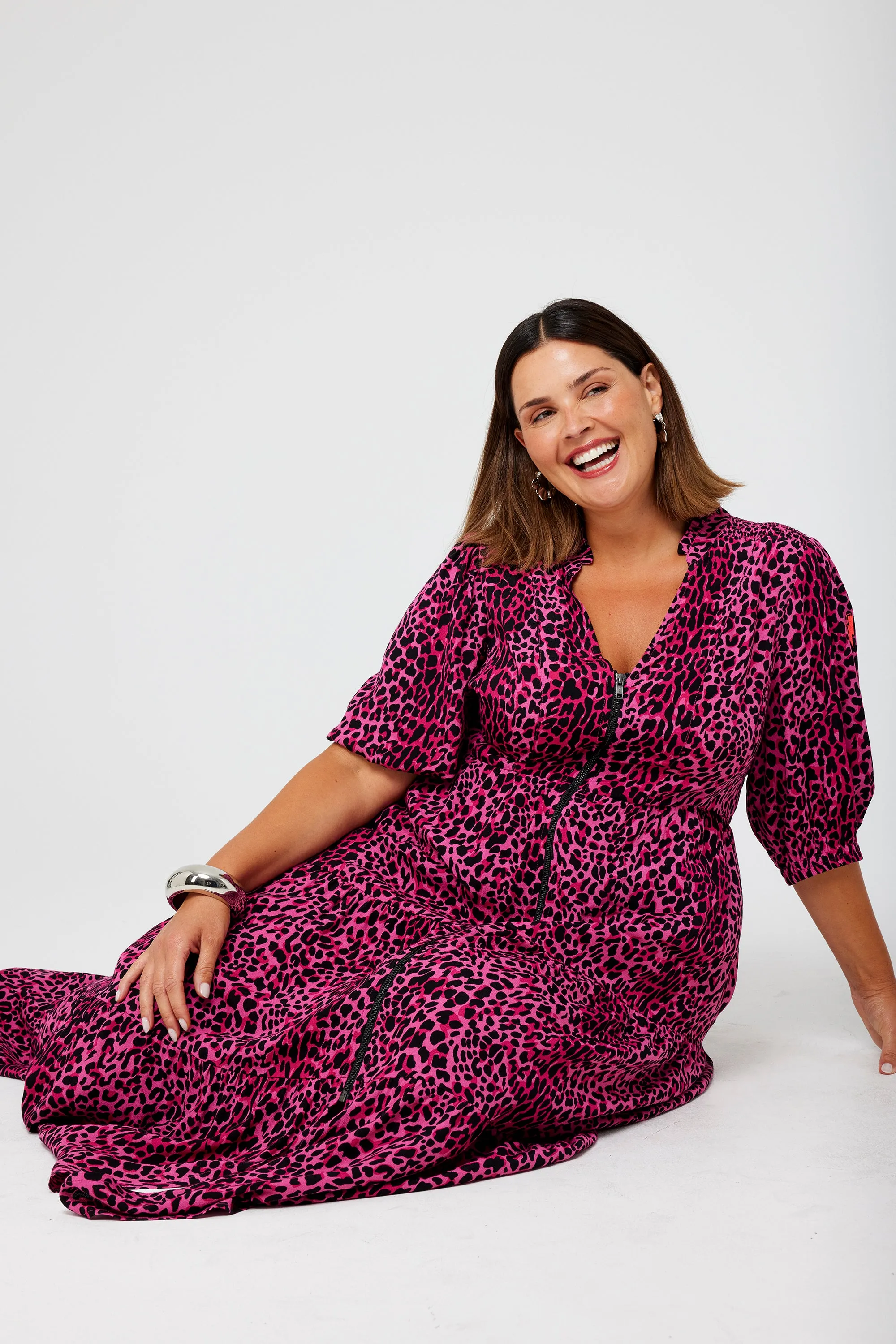 Relaxed Style Wear Daily Option Pink with Black Wild Leopard Zip Detail Tiered Midi Dress