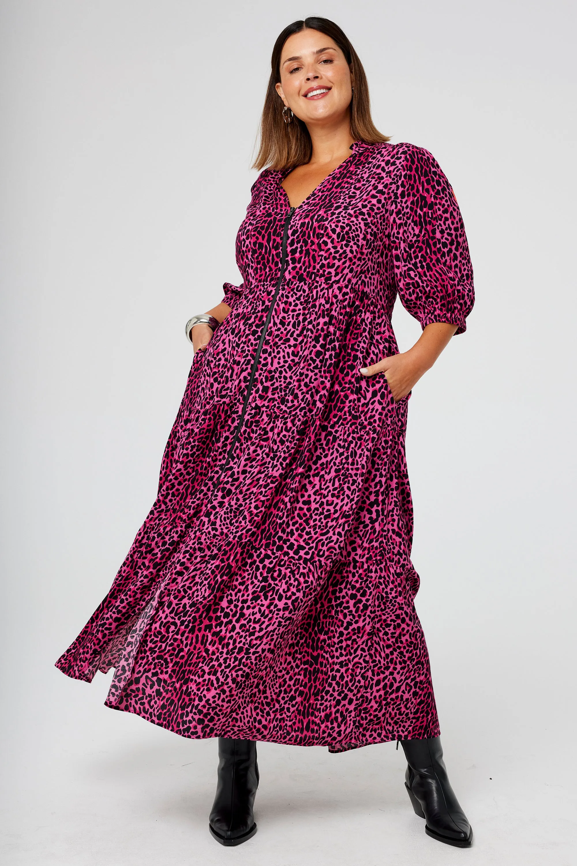 Elegant Waist Design Pink with Black Wild Leopard Zip Detail Tiered Midi Dress