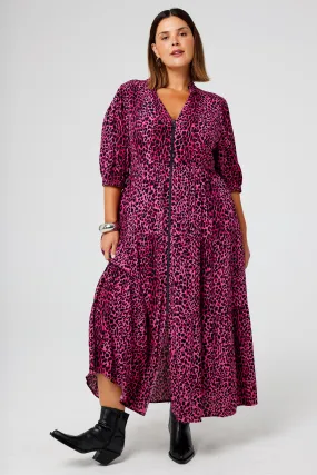Winter Classic Pink with Black Wild Leopard Zip Detail Tiered Midi Dress