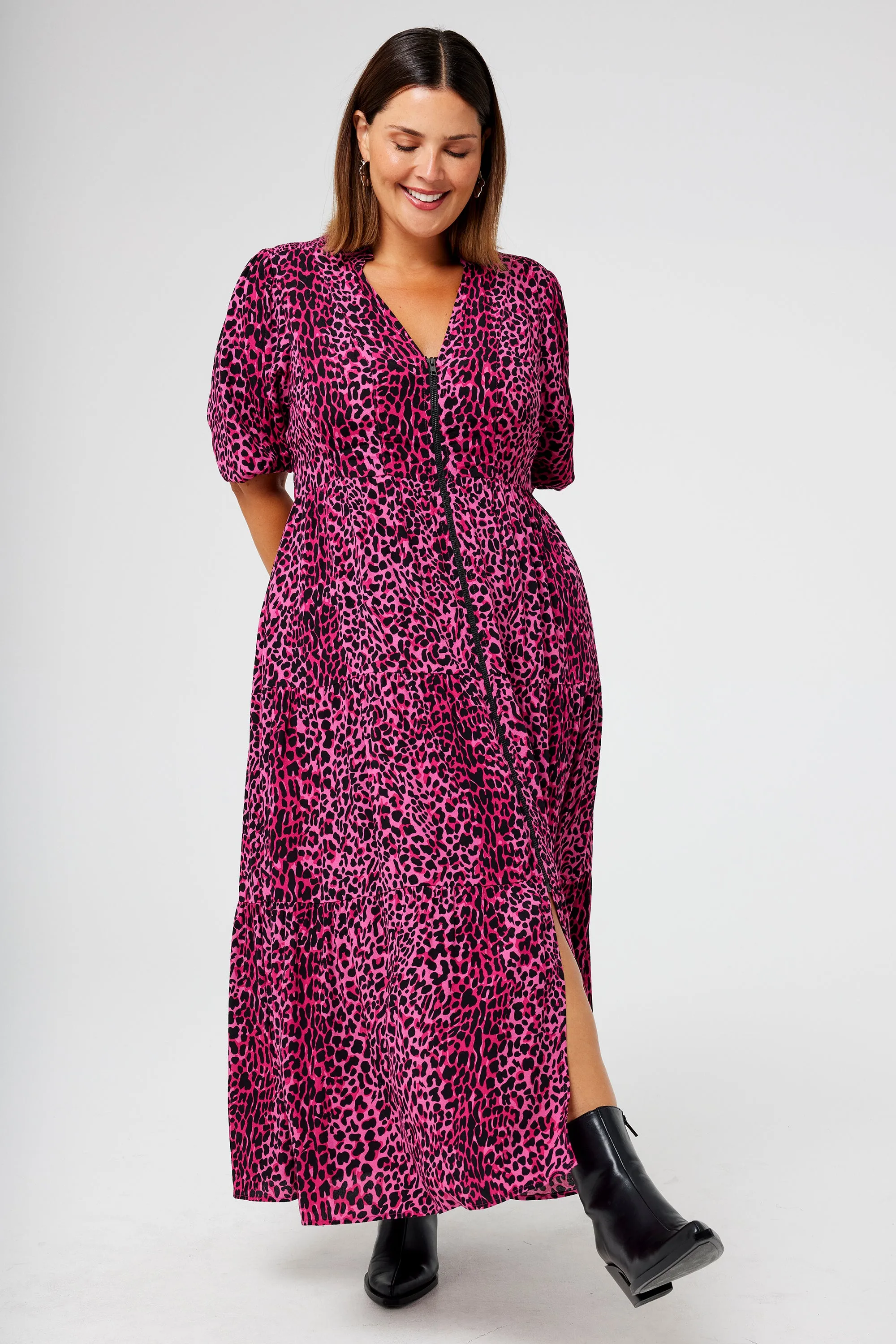 Elegant Fabric AdjustableStraps Pink with Black Wild Leopard Zip Detail Tiered Midi Dress
