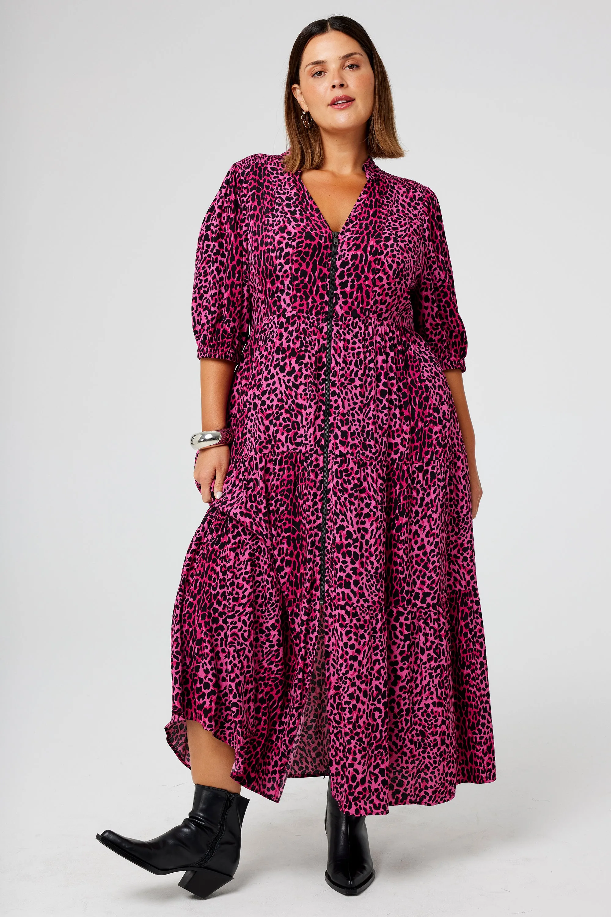 Winter Classic Pink with Black Wild Leopard Zip Detail Tiered Midi Dress