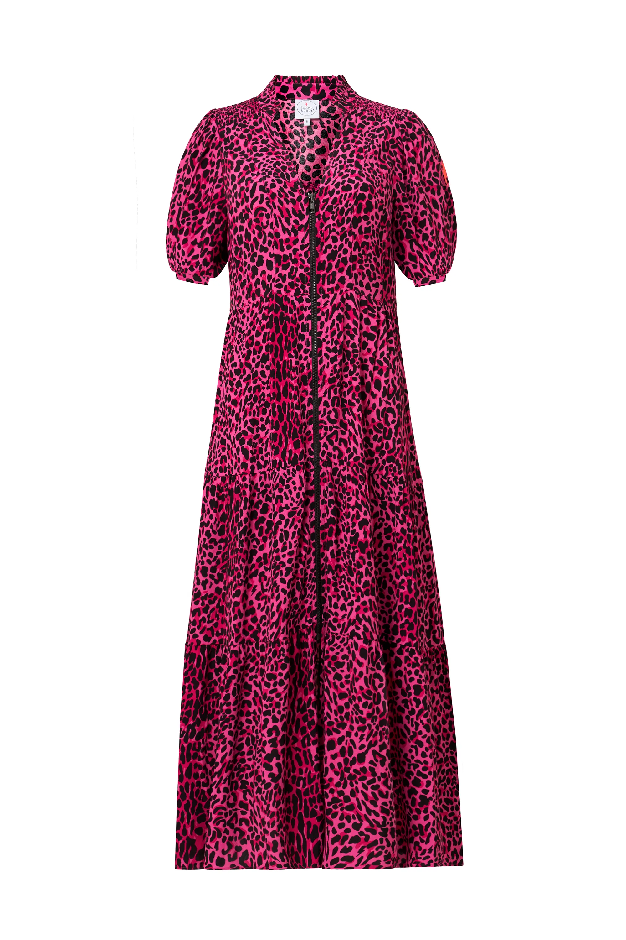 Luxurious Feel Grace Glow Pink with Black Wild Leopard Zip Detail Tiered Midi Dress