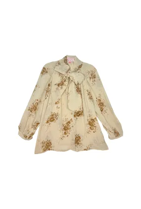 DoubleStitched Hem Adjustable Hem Cuff Big Bow Blouse - Ivory Floral