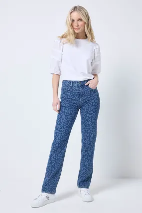 Flattering Look Active Comfort Authentic Indigo Leopard Straight Leg Jeans