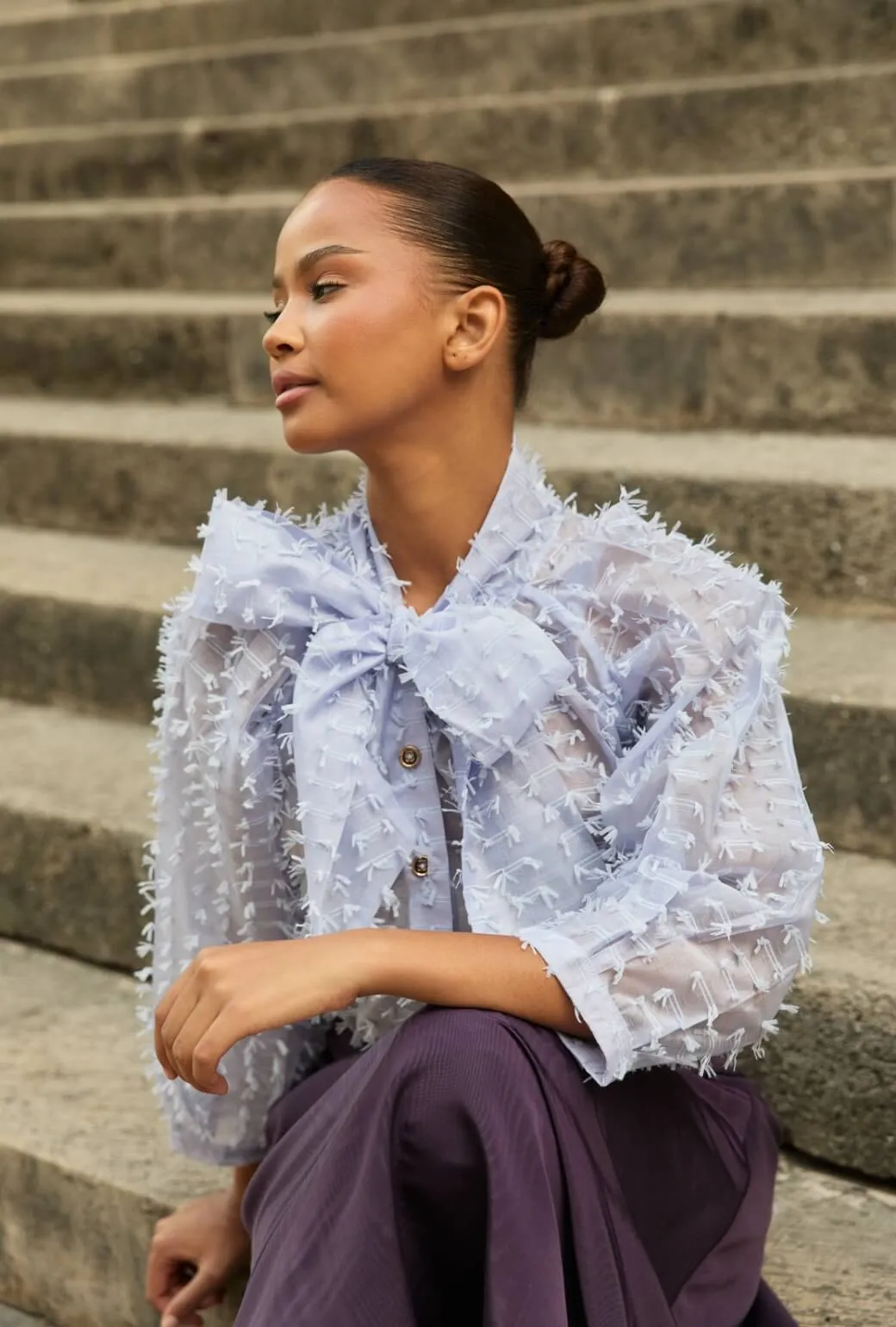 Soft Touch Texture Self Fabric Tie Big Bow Blouse - Lilac Bows