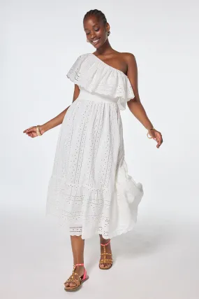 Sage Detail Evening Chic White One Shoulder Broderie Tiered Midi Dress
