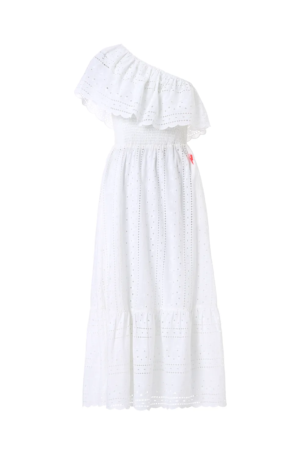 Flow Line White One Shoulder Broderie Tiered Midi Dress