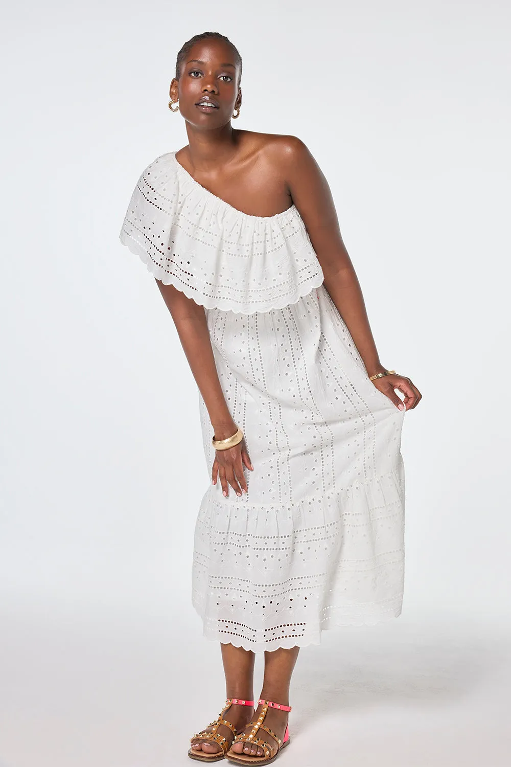 Bright bold dress Comfortable casual dress White One Shoulder Broderie Tiered Midi Dress