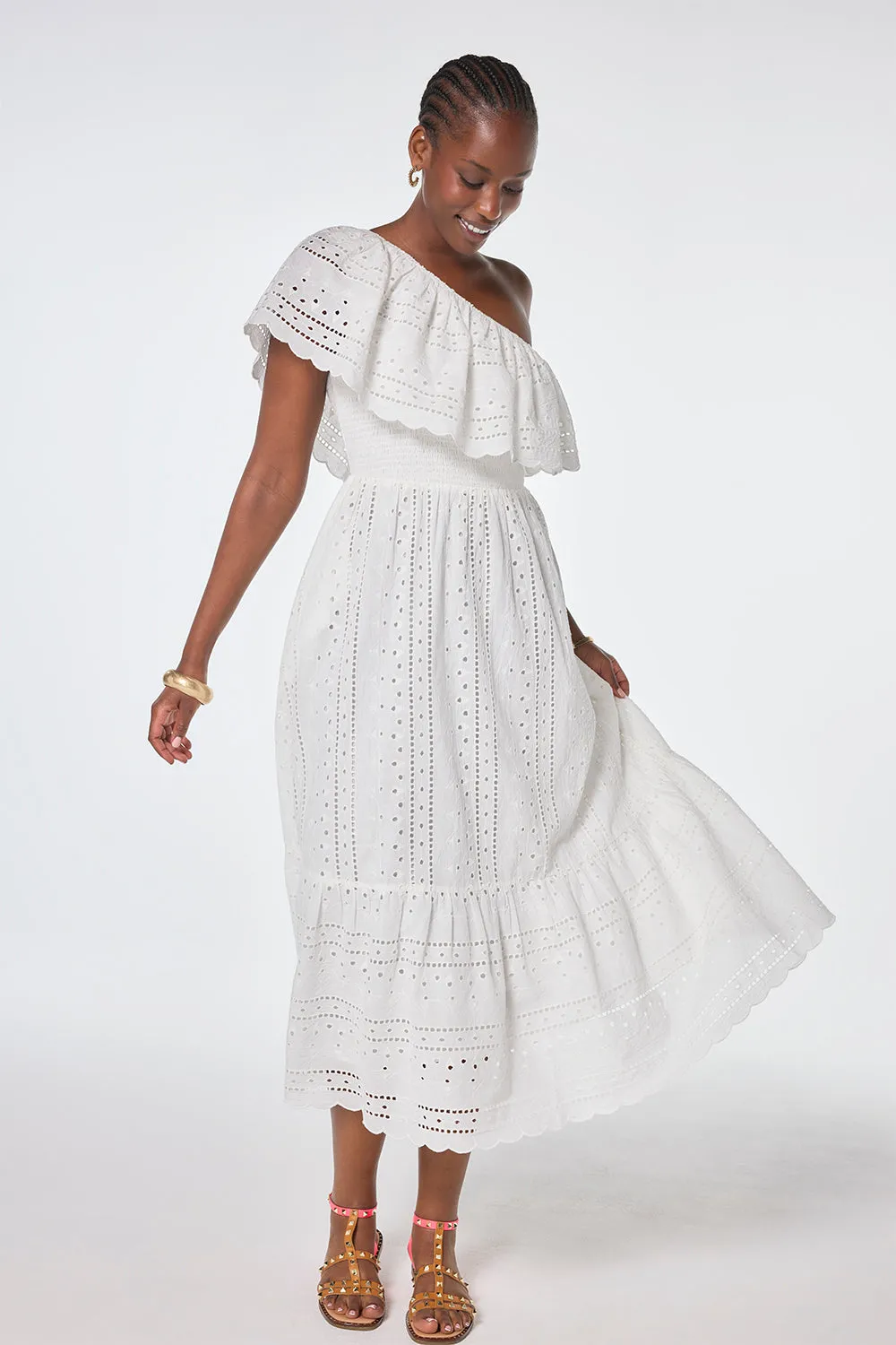 Chilly Weather Comfort White One Shoulder Broderie Tiered Midi Dress