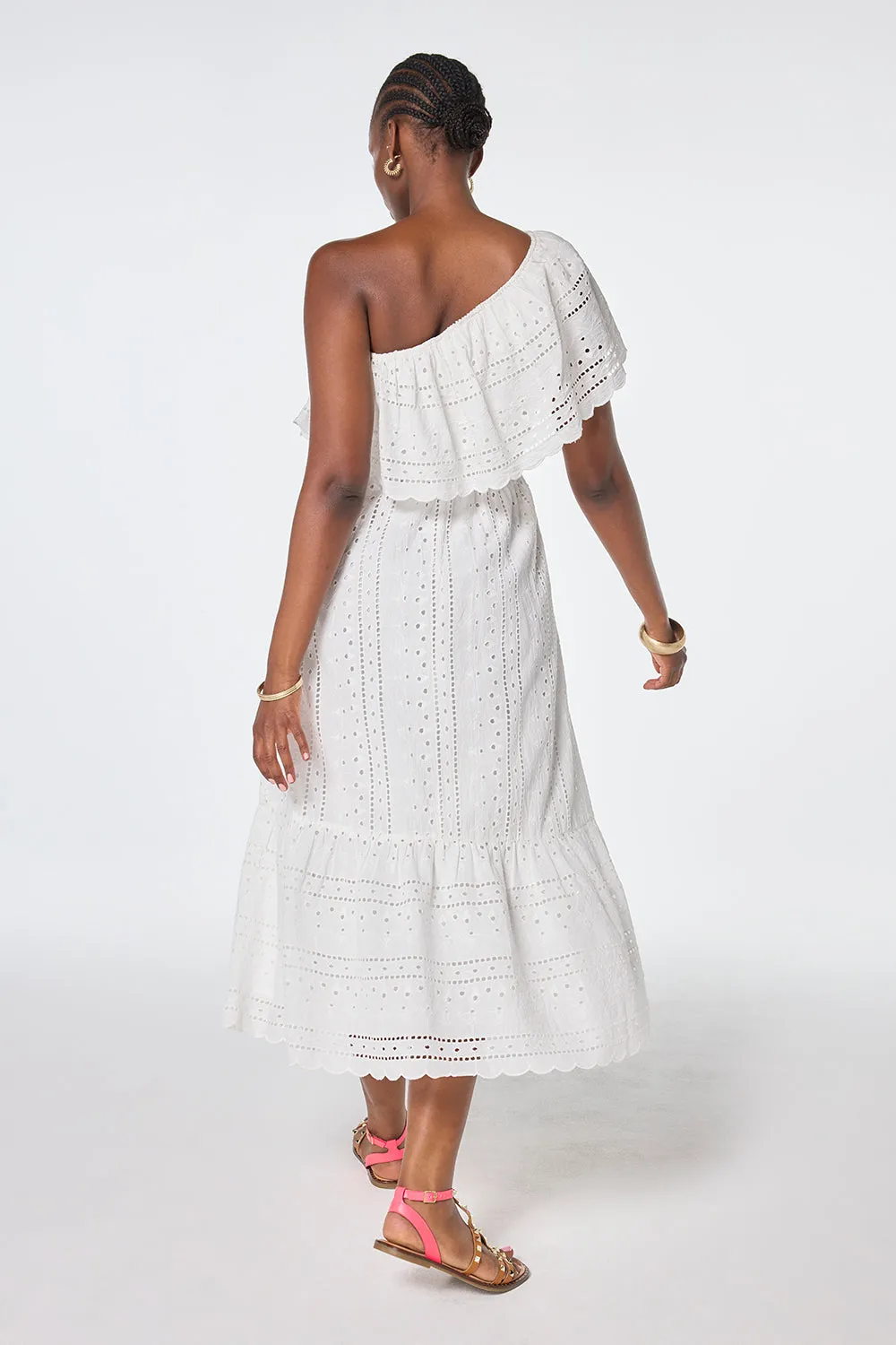 White One Shoulder Broderie Tiered Midi Dress Refined Vibe Petite-Size