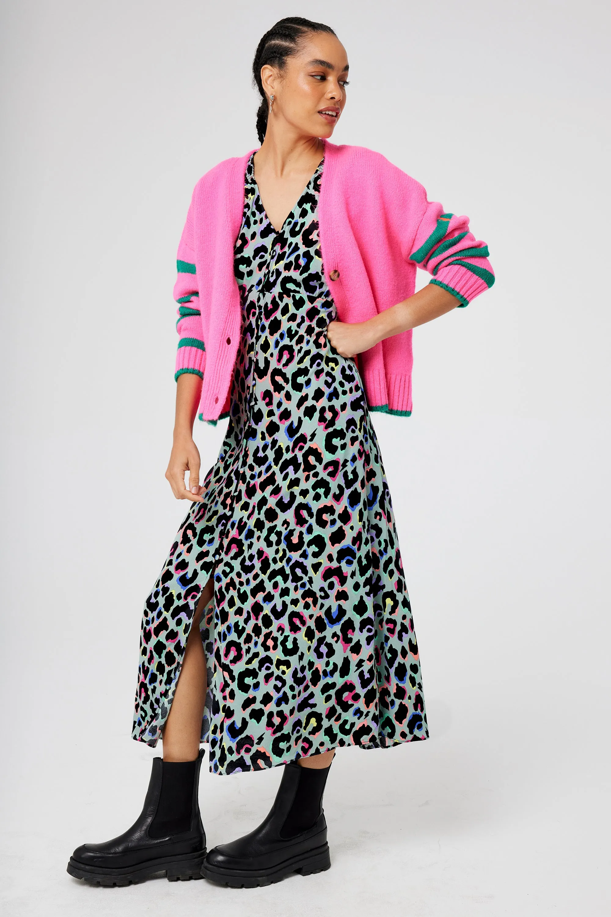Pale Khaki with Rainbow Shadow Leopard Flute Sleeve Midi Tea Dress Bold Fashion