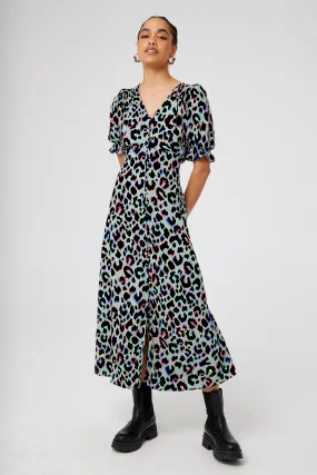 Pale Khaki with Rainbow Shadow Leopard Flute Sleeve Midi Tea Dress Mature Glam Tailored Wear