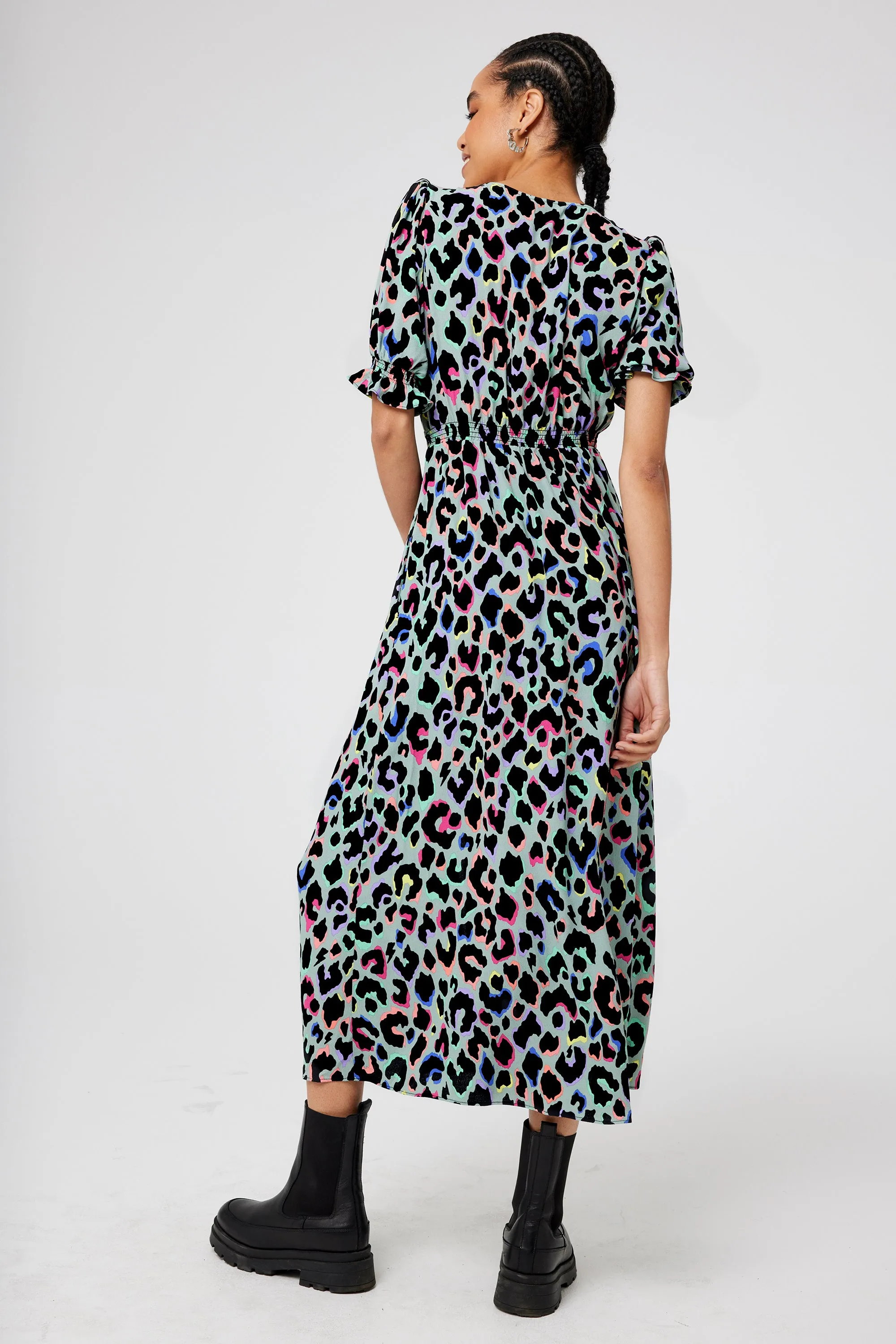 Pale Khaki with Rainbow Shadow Leopard Flute Sleeve Midi Tea Dress Stylish Pick
