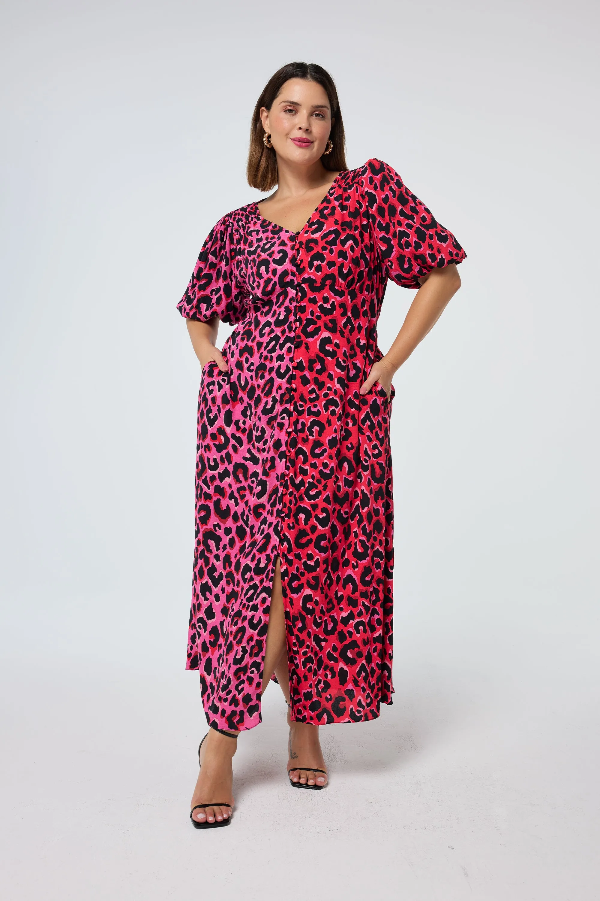 Red with Pink and Black Mix Pop Leopard Puff Sleeve Midi Tea Dress Travel Edge Trend-Inspired